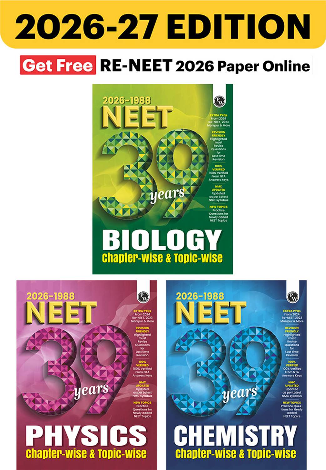 PW NEET PYQ 39 Years Physics, Chemistry, Biology Combo Set of 3 Books - Image 1