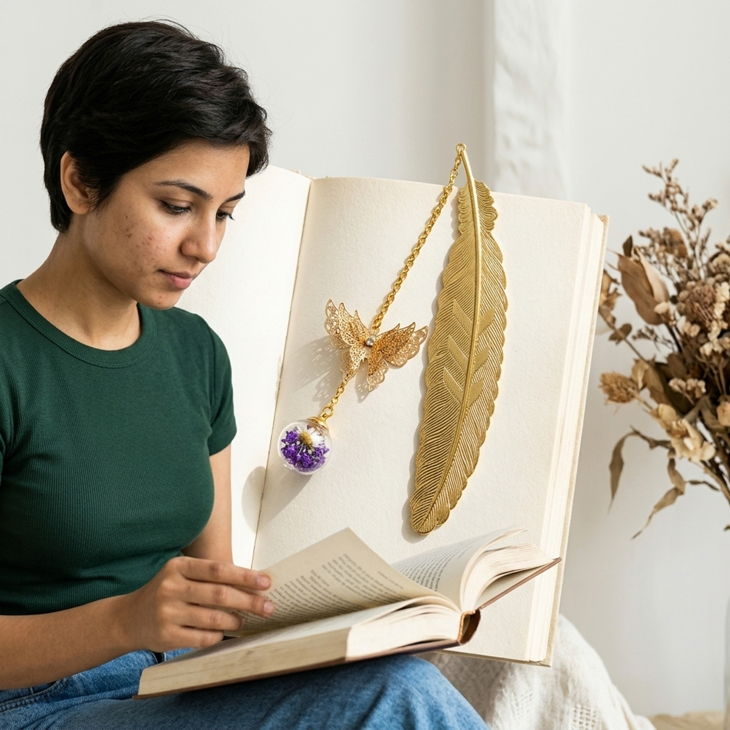 Image of sannidhi Vintage Metal Feather Bookmark with Glass Bead Butterfly for Readers Gifts Bookmark Bookmark