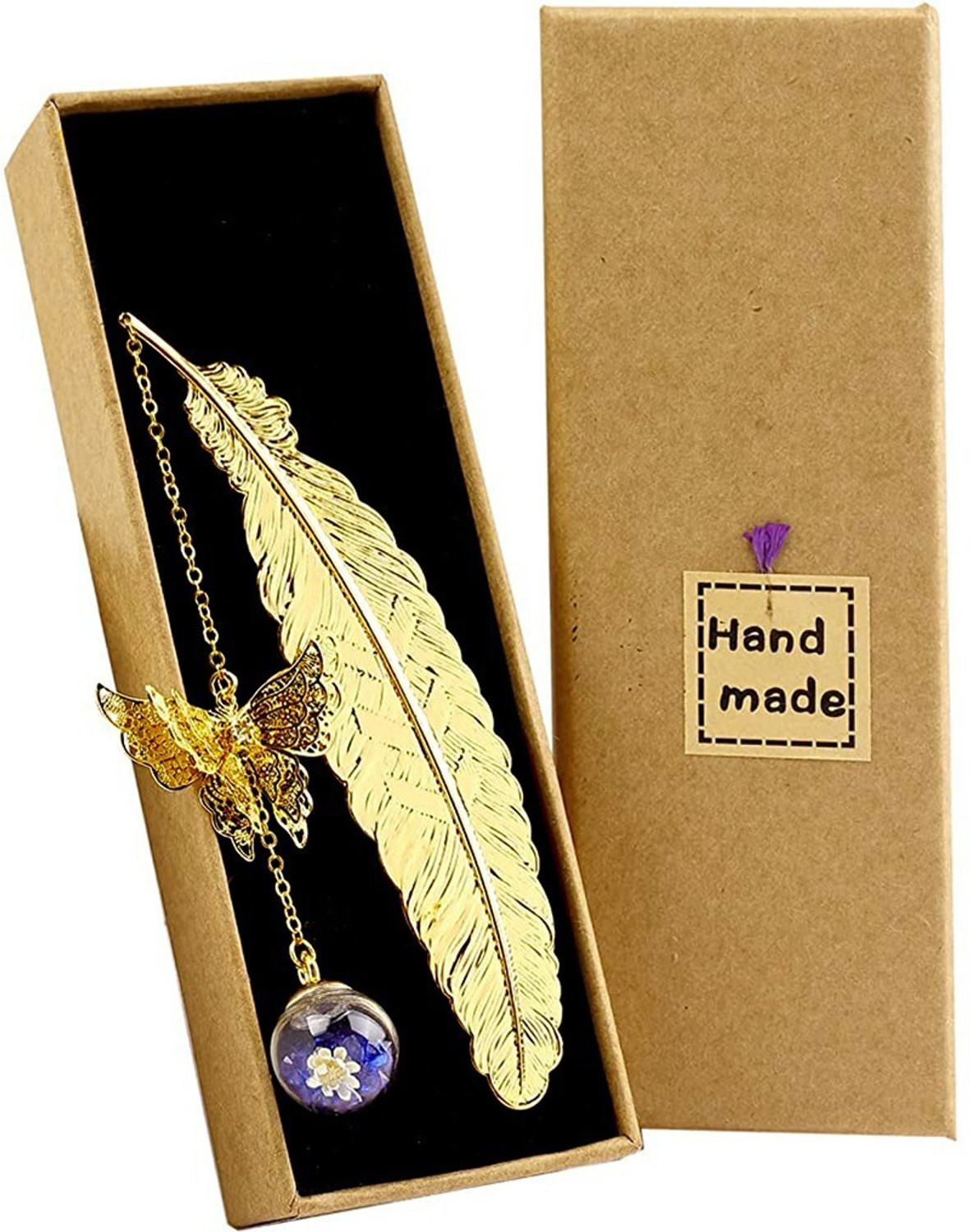 Image of sannidhi Vintage Metal Feather Bookmark with Glass Bead Butterfly for Readers Gifts Bookmark Bookmark