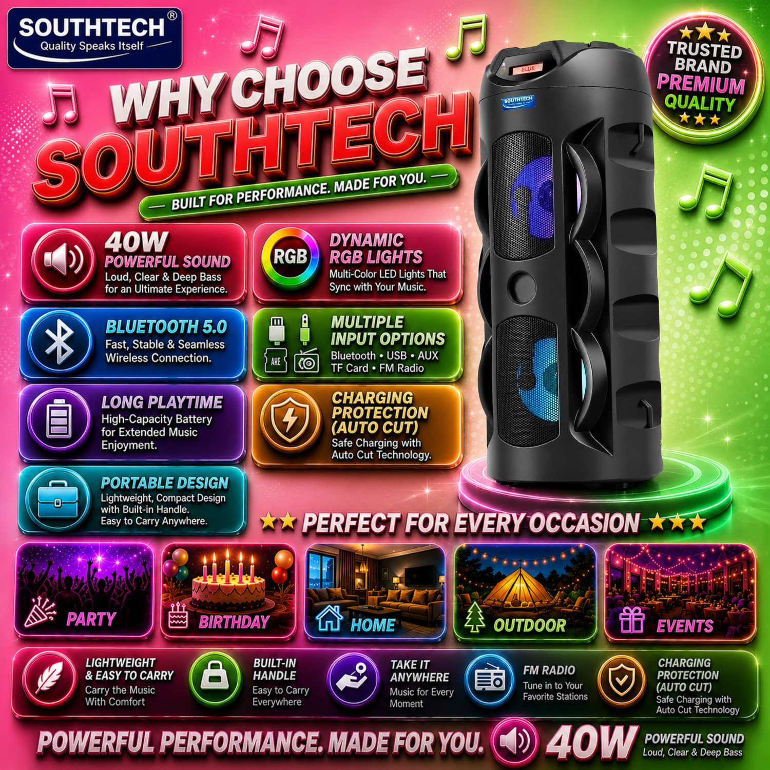Image of SOUTHTECH Thunder Boom Bluetooth Party Tower Speaker|Dual Driver|RGB Lights| Boom Box