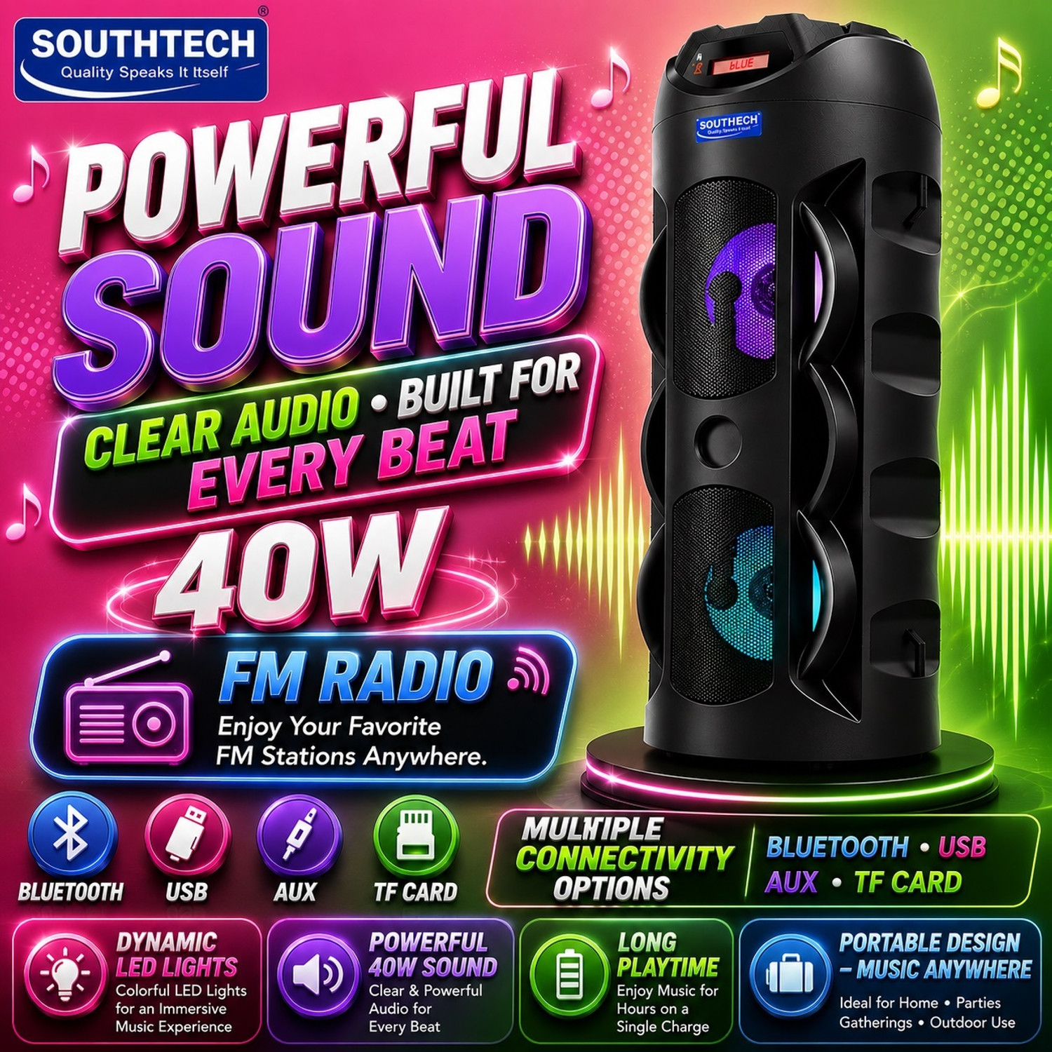 Image of SOUTHTECH Thunder Boom Bluetooth Party Tower Speaker|Dual Driver|RGB Lights| Boom Box