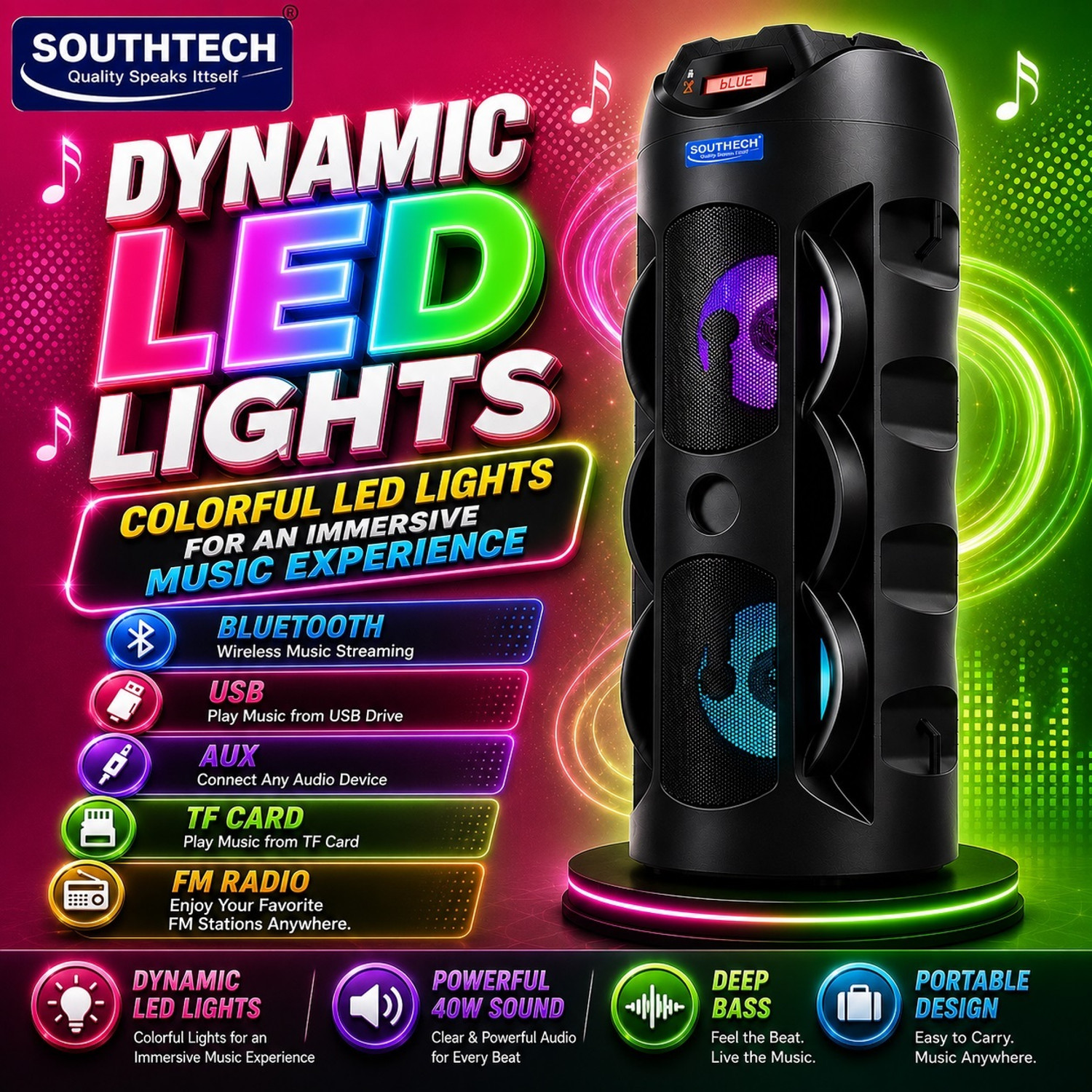 Image of SOUTHTECH Thunder Boom Bluetooth Party Tower Speaker|Dual Driver|RGB Lights| Boom Box