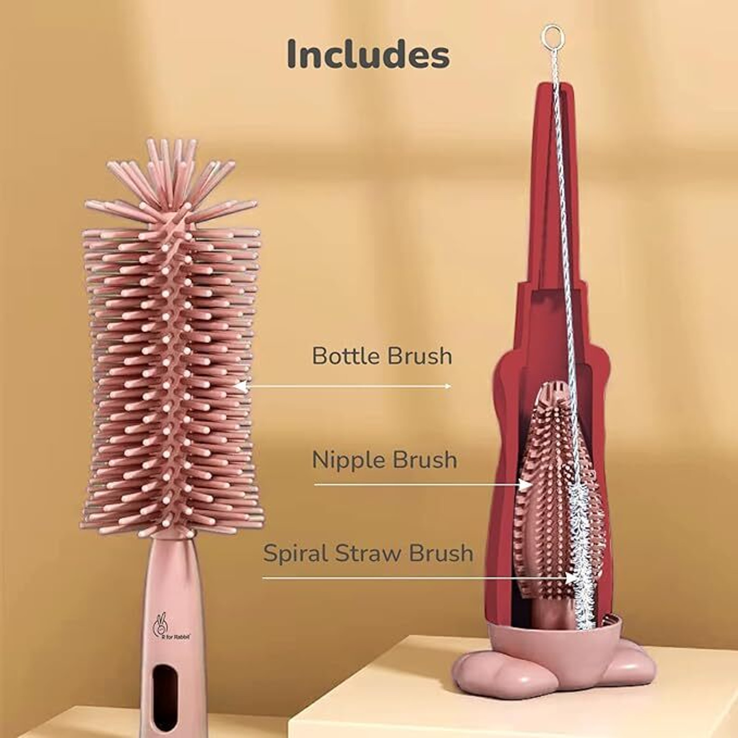 Image of Salevora R for Rabbit Hygo Care Bunny 3-in-1 Cleaning Brush (Light Pink / Maroon red)