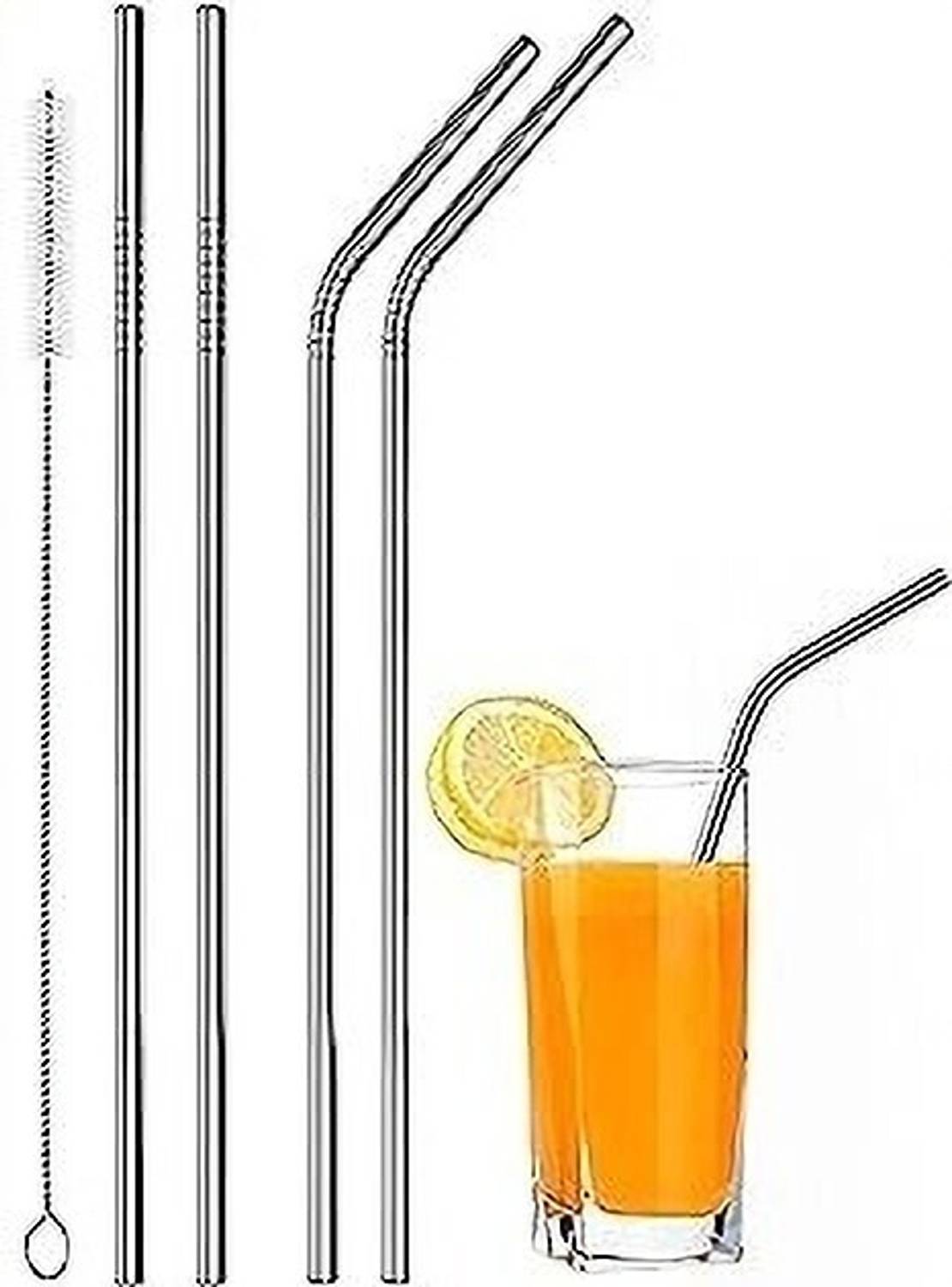 ABlue Clipper Long Steel Drinking Straws (2 Straight & 2 Bent with 1 Brush)