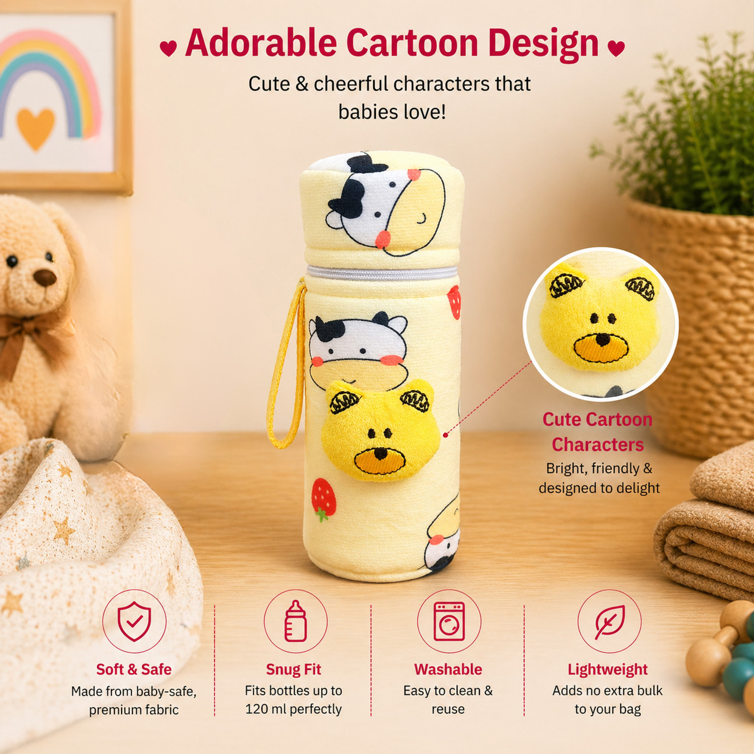 Image of The Little Lookers Soft Plush Stretchable Baby Feeding Bottle Cover with Easy to Hold Strap and Zip | Suitable for 120ml & 150ml Feeding Bottles| Overall Print Pack of 2 (Yellow & Blue, Zip Closure 120ml,150ml /4OZ,5OZ)