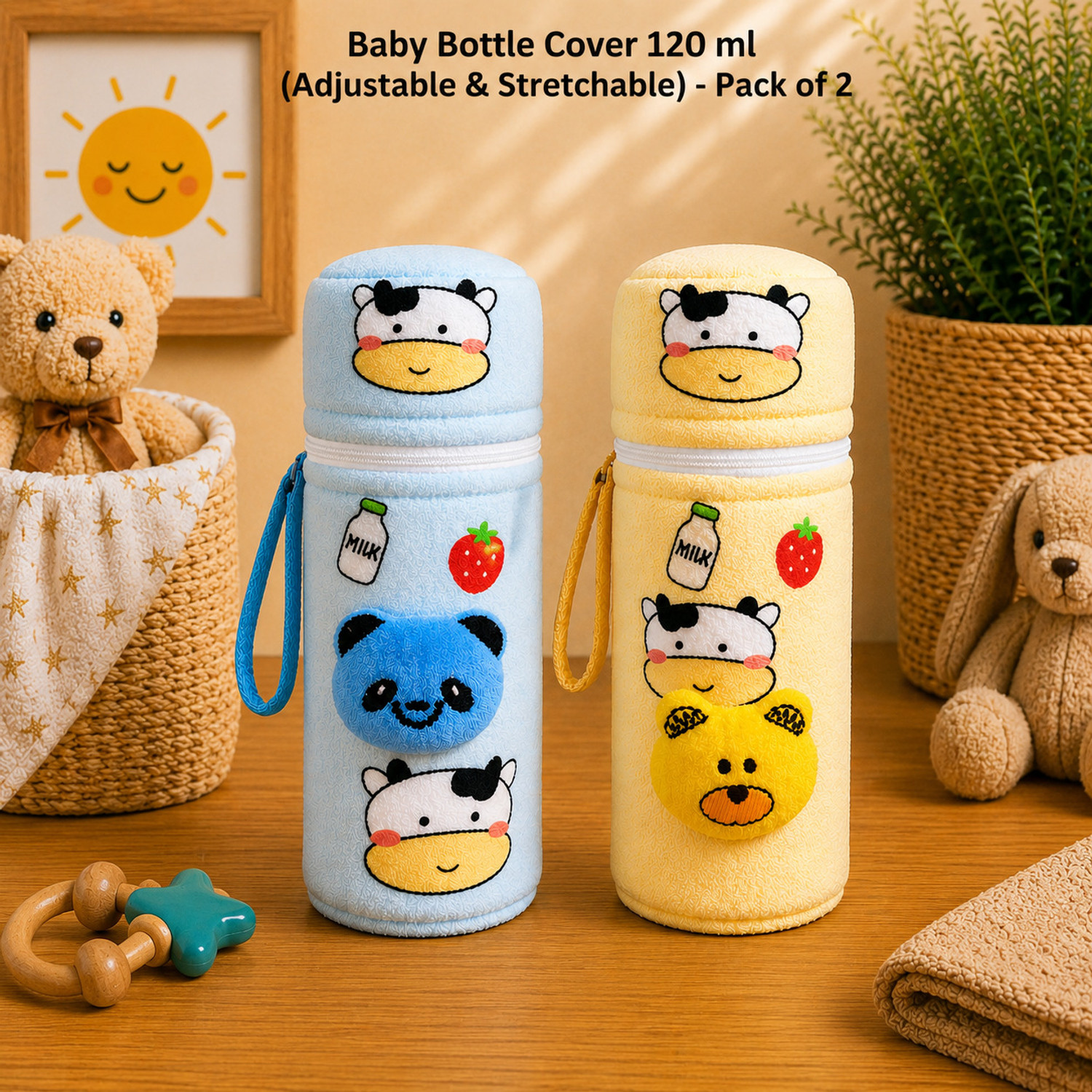 Image of The Little Lookers Soft Plush Stretchable Baby Feeding Bottle Cover with Easy to Hold Strap and Zip | Suitable for 120ml & 150ml Feeding Bottles| Overall Print Pack of 2 (Yellow & Blue, Zip Closure 120ml,150ml /4OZ,5OZ)