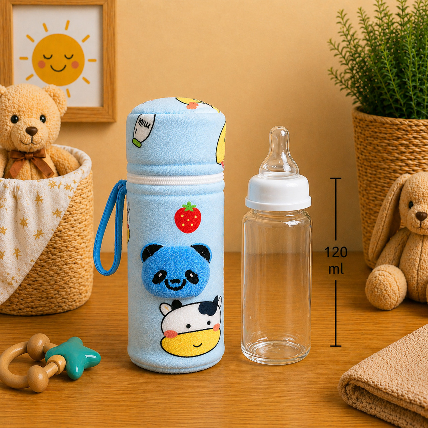 Image of The Little Lookers Soft Plush Stretchable Baby Feeding Bottle Cover with Easy to Hold Strap and Zip | Suitable for 120ml & 150ml Feeding Bottles| Overall Print Pack of 2 (Yellow & Blue, Zip Closure 120ml,150ml /4OZ,5OZ)