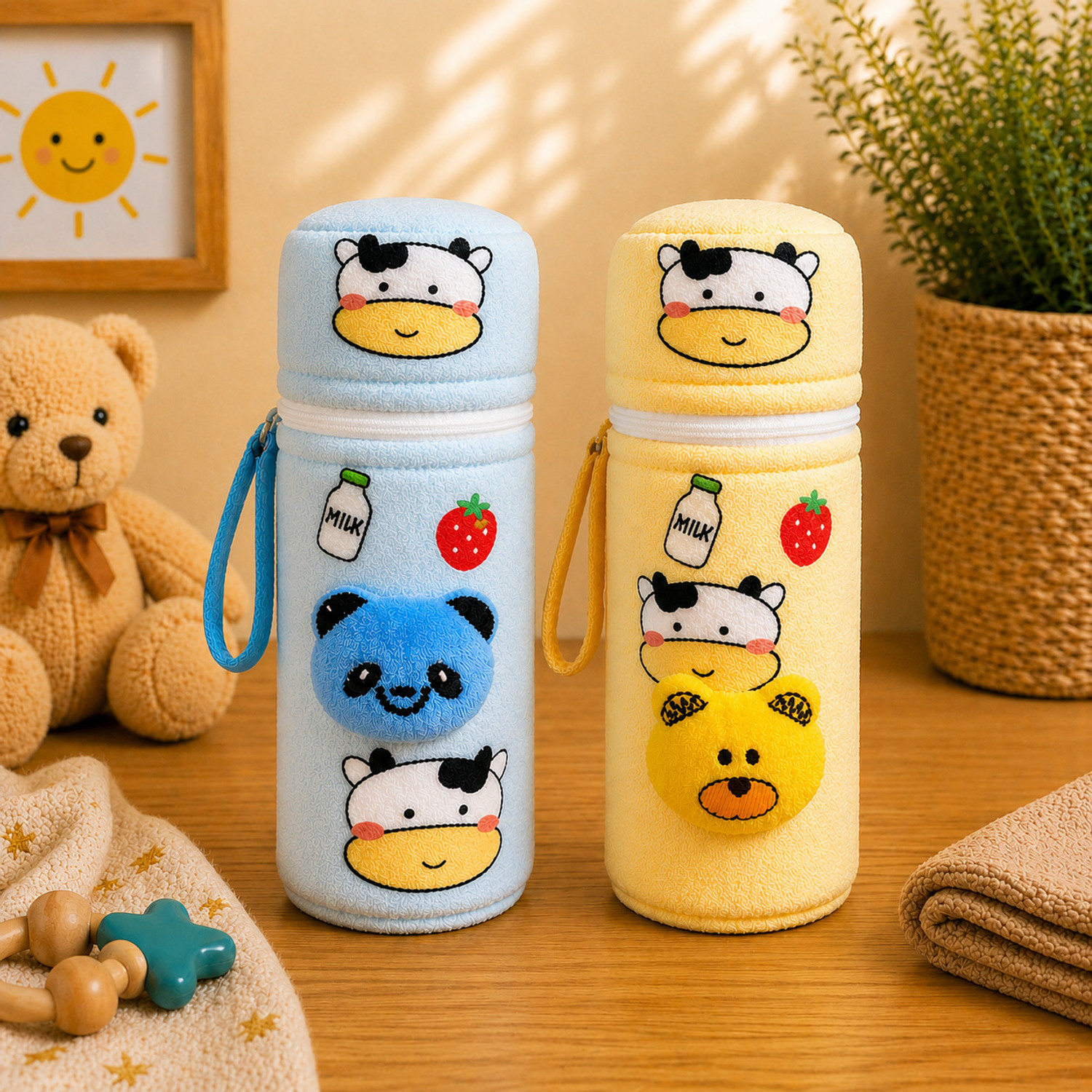 Image of The Little Lookers Soft Plush Stretchable Baby Feeding Bottle Cover with Easy to Hold Strap and Zip | Suitable for 120ml & 150ml Feeding Bottles| Overall Print Pack of 2 (Yellow & Blue, Zip Closure 120ml,150ml /4OZ,5OZ)