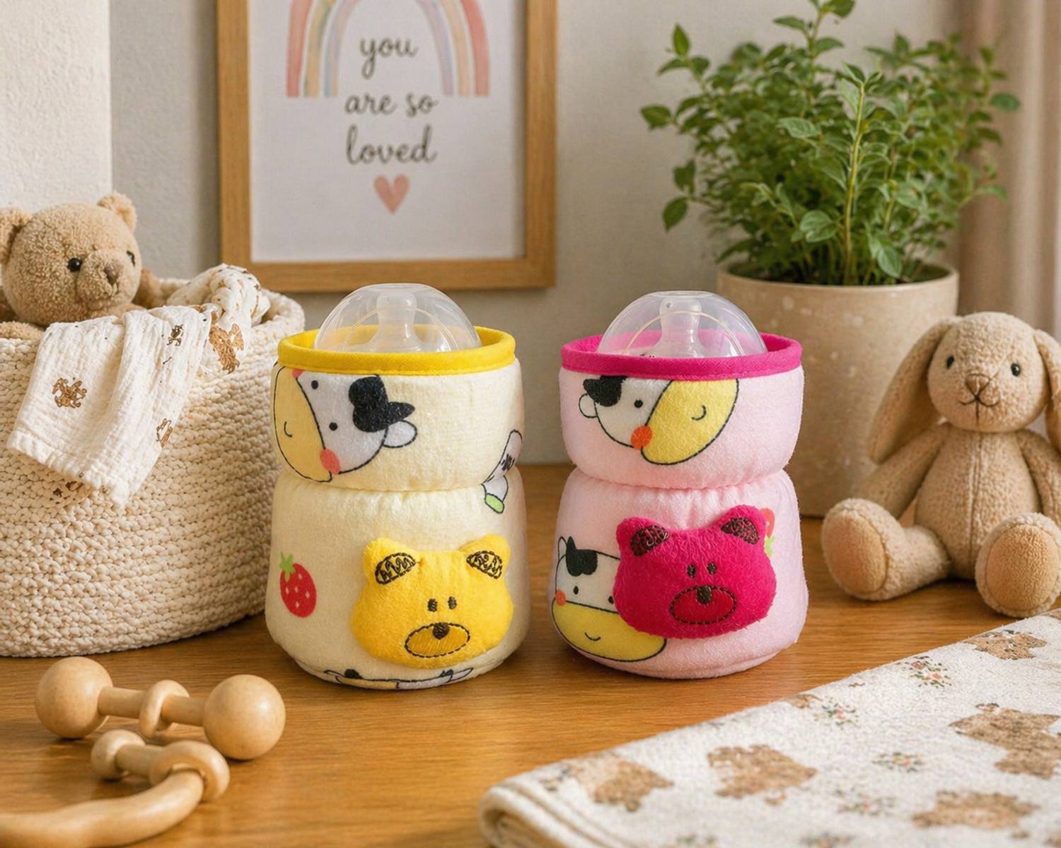 The Little Lookers Bottle Covers for Philips Avent/Broad Neck Soft Plush Stretchable Baby Feeding Bottle Cover with Strap for 125ml, 120 ml and 140 ml Feeders Pack of 2 (Pink & Yellow - 125 ML)