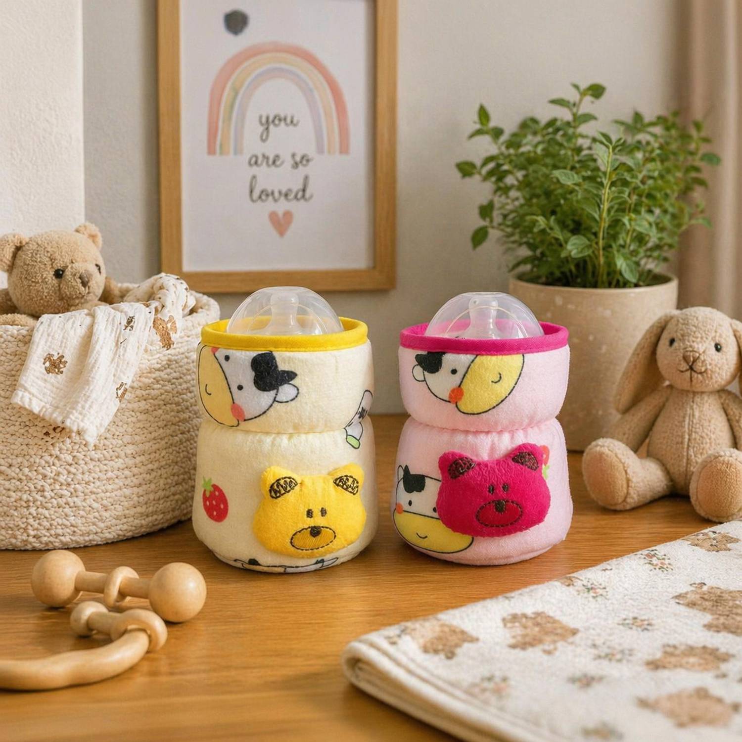 The Little Lookers Bottle Covers for Philips Avent/Broad Neck Soft Plush Stretchable Baby Feeding Bottle Cover with Strap for 125ml, 120 ml and 140 ml Feeders Pack of 2 (Pink & Yellow - 125 ML)