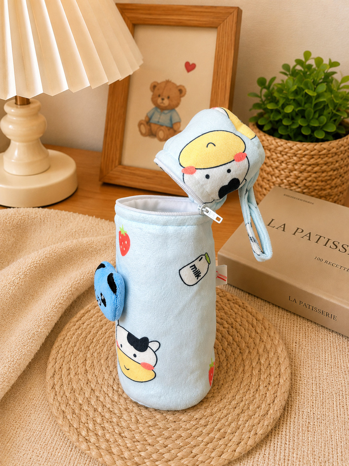 Image of The Little Lookers Soft Plush Stretchable Baby Feeding Bottle Cover with Easy to Hold Strap and Zip | Suitable for 120ml & 150ml Feeding Bottles| Overall Print Pack of 2 (Yellow & Blue, Zip Closure 120ml,150ml /4OZ,5OZ)