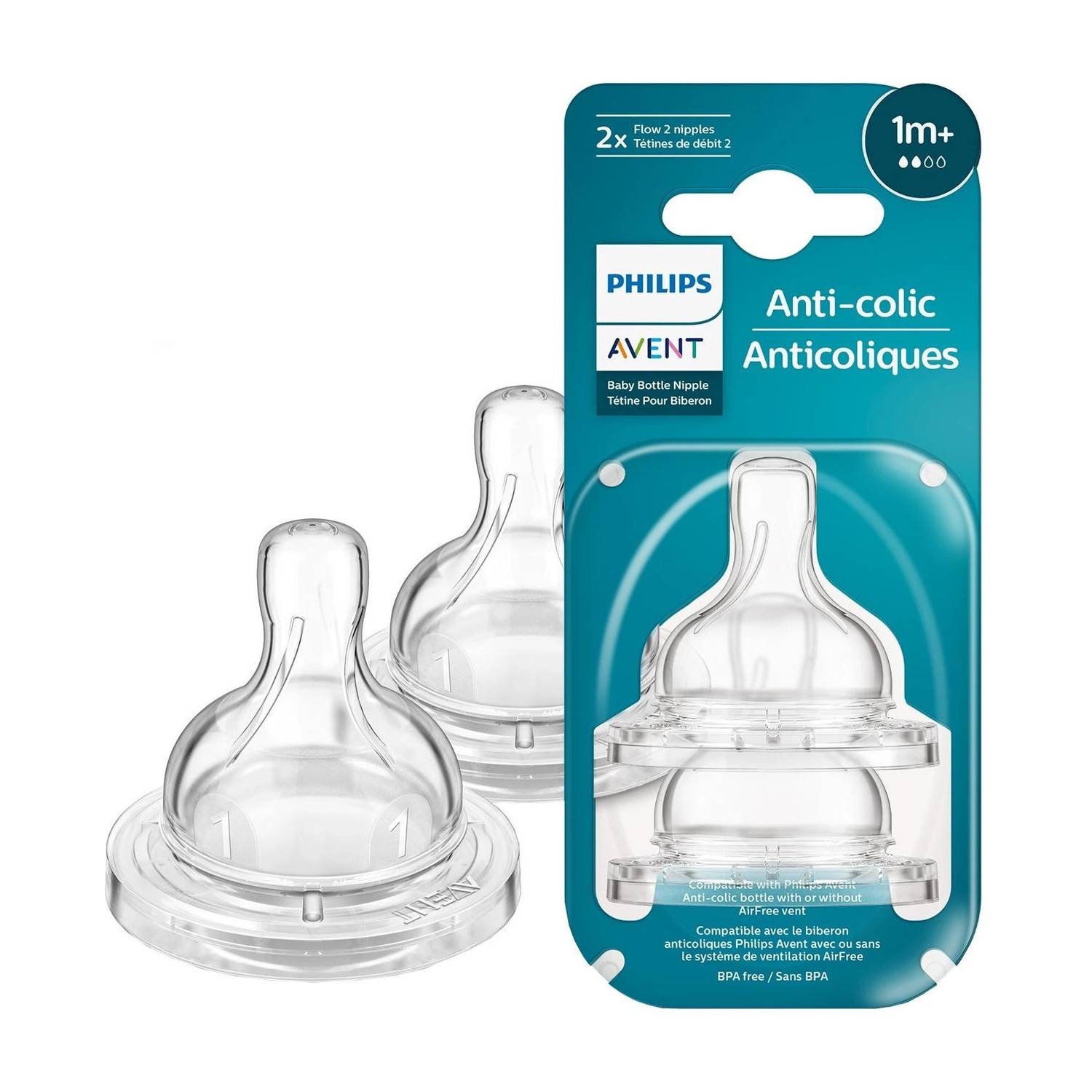 Philips Avent Anti-Colic Teat SCY762/02 | 1m+ age | Flow 2 | BPA free | Pack of 2 Slow Flow Nipple