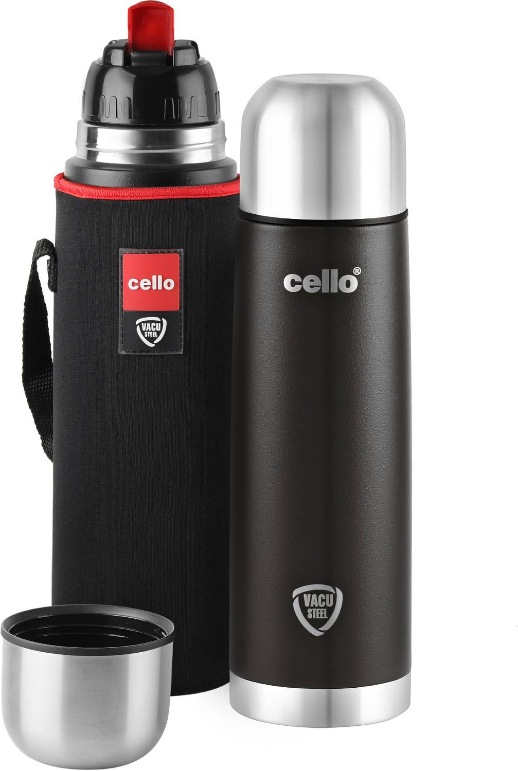 cello Duro Tuff Steel Flip with Jacket DTP Coating Double Walled Insulated 500 ml Steel Flask