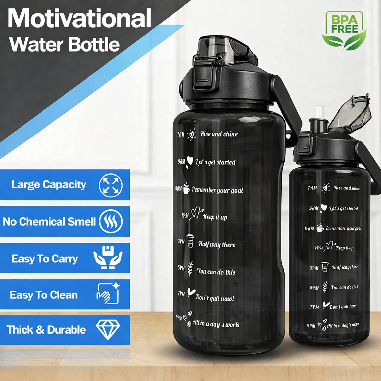 Image of Flipkart SmartBuy Motivational Gym Water Bottle with Straw & Time Marker, Leakproof BPA Free 2000 ml Plastic Bottle