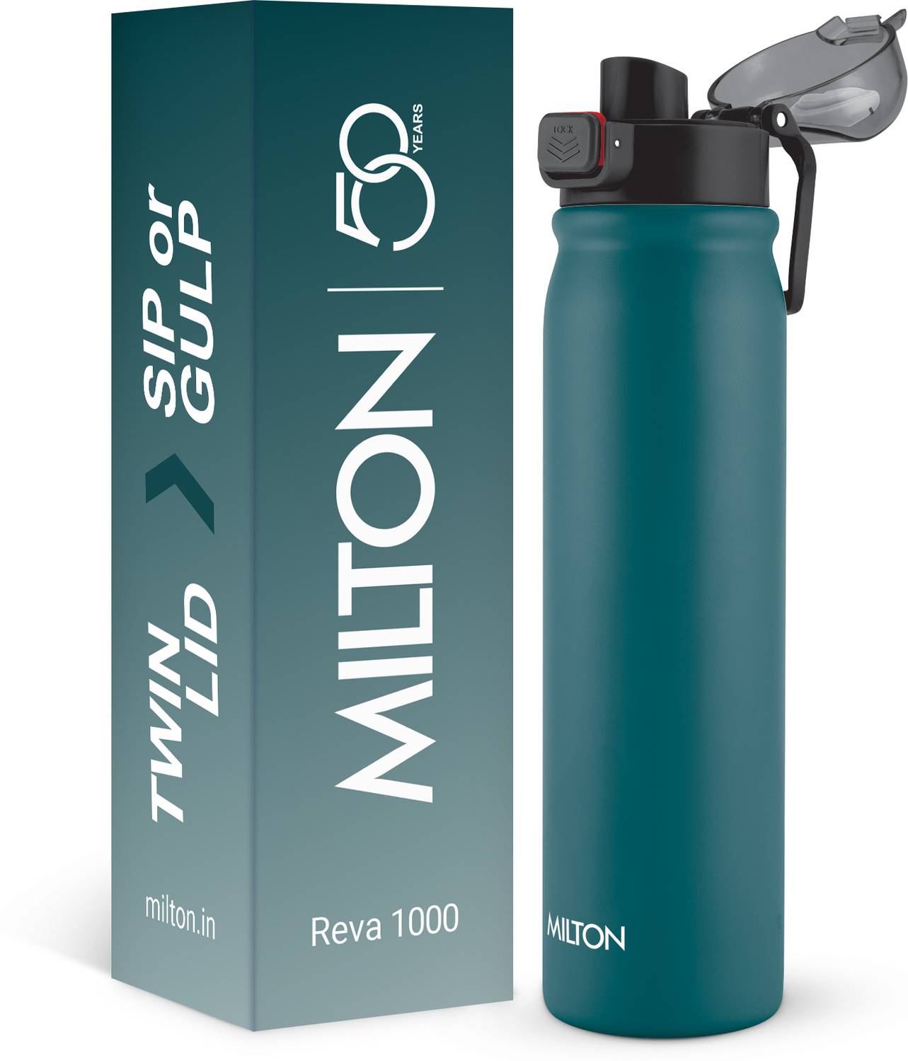 MILTON Reva 1000 Steel Water Bottle with Twin Lid Sip or Gulp, 1 Litre Teal Blue 1000 ml Stainless Steel Bottle