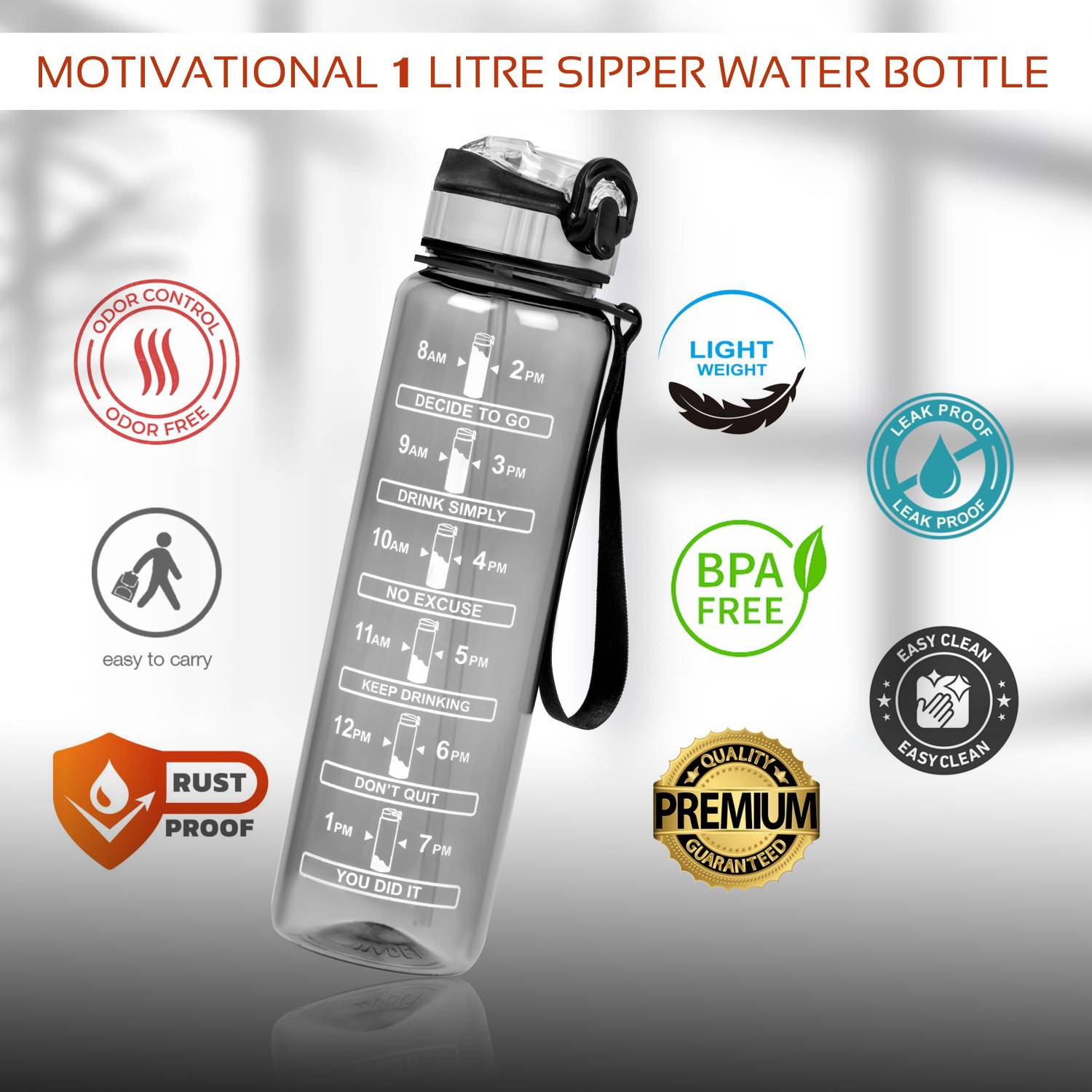 BELLERBIRD 1000ml Motivational Bottle with Straw - Image 4