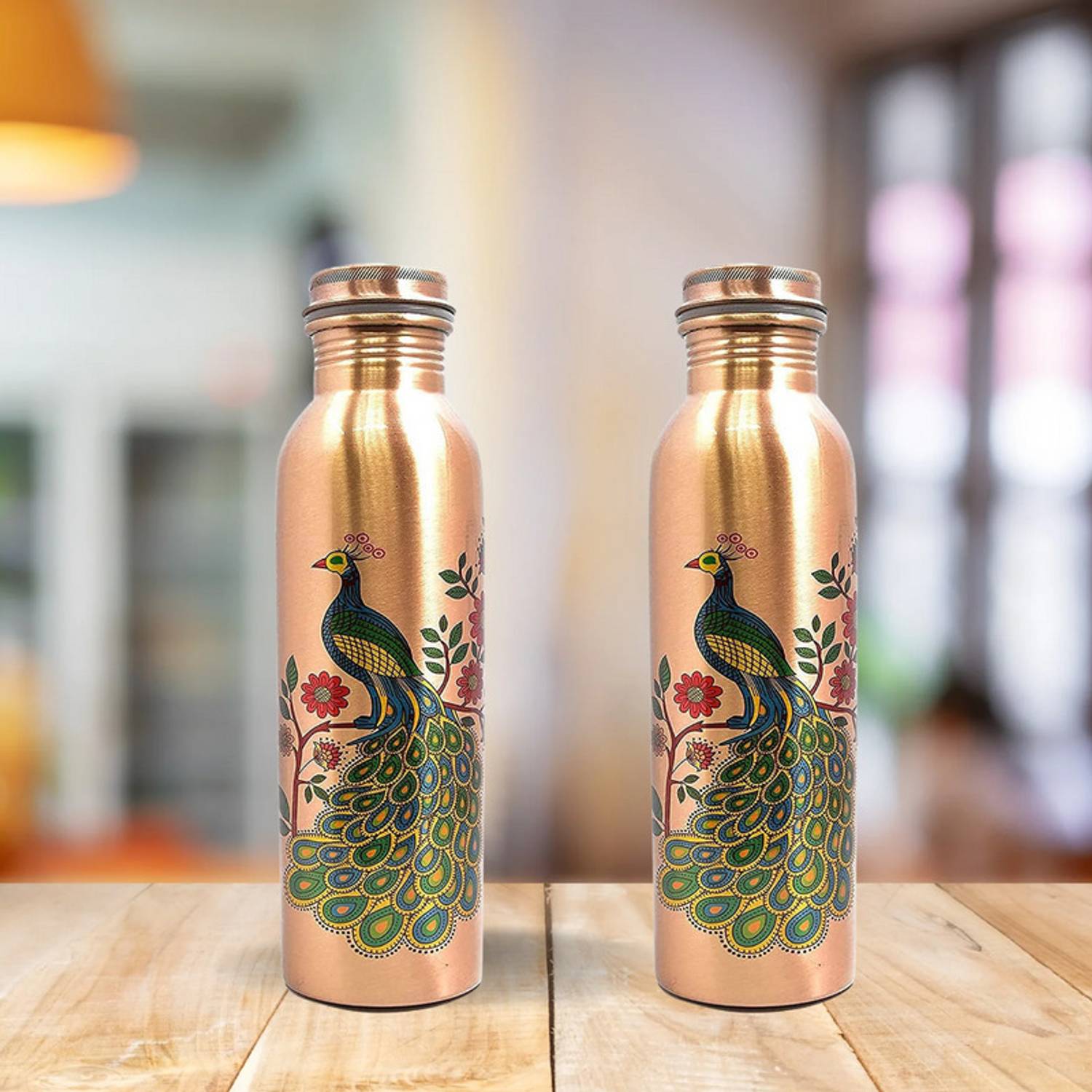 BRIJAZA Peacock printed Copper Bottle Set for Active Lifestyle Ayurvedic Wellness Gift 950 ml Copper Bottle
