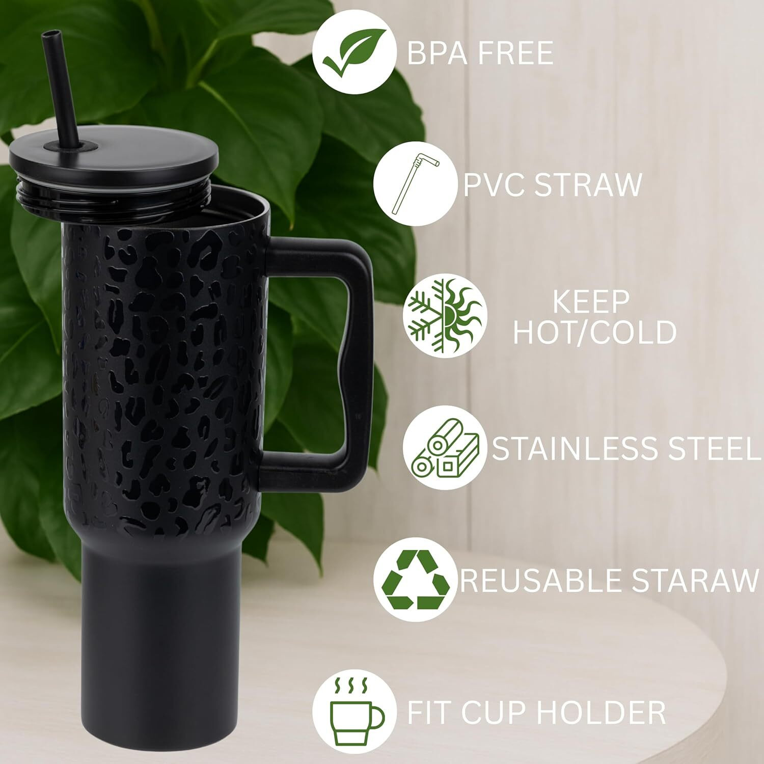 Image of cropito Insulated Tumbler with Handle & Straw, Leak Proof Travel Sipper Cup black Stainless Steel Tumbler