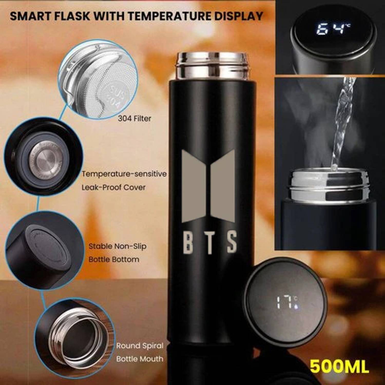 BlueBells Gifting BTS Print Black Insulated Temperature Bottle StainlessSteel 500ml 500 ml Steel Bottle