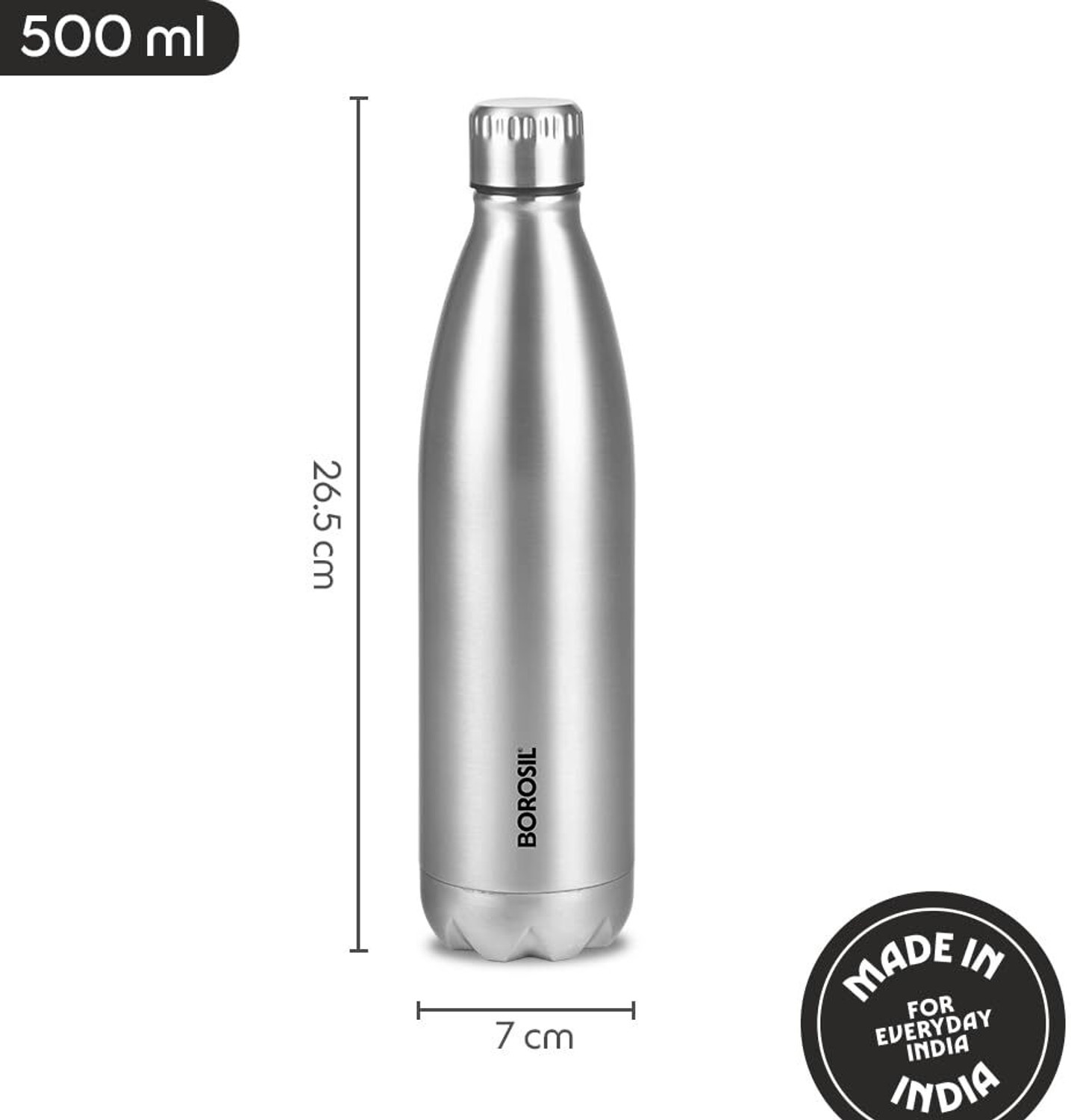 Image of BOROSIL Bolt 500ml Steel Bottle 24 Hours Hot & Cold Double Wall Vaccum Insulated Flask 500 ml Stainless Steel Bottle