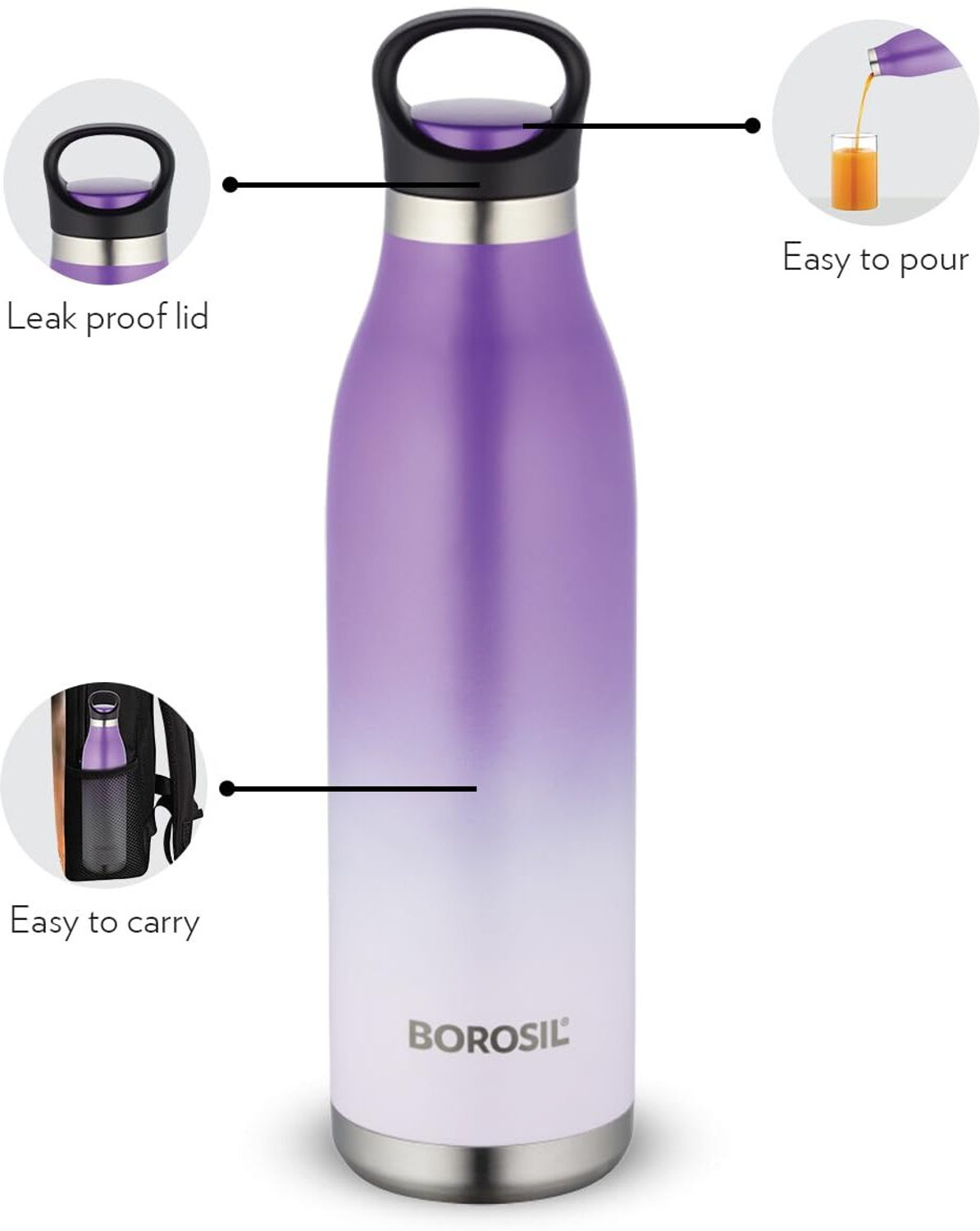 Image of BOROSIL Color Crush 700 ml Vacuum Insulated Wate Bottle, 24 Hrs Hot & Cold Flask, Violet 700 ml Steel Flask
