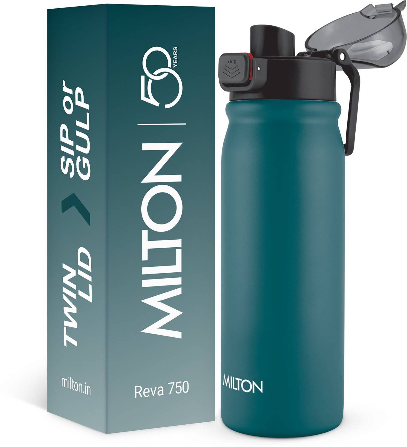 MILTON Reva 1000 Stainless Steel Water Bottle with Twin Lid Sip or Gulp 750ml Teal Blue 750 ml Stainless Steel Bottle
