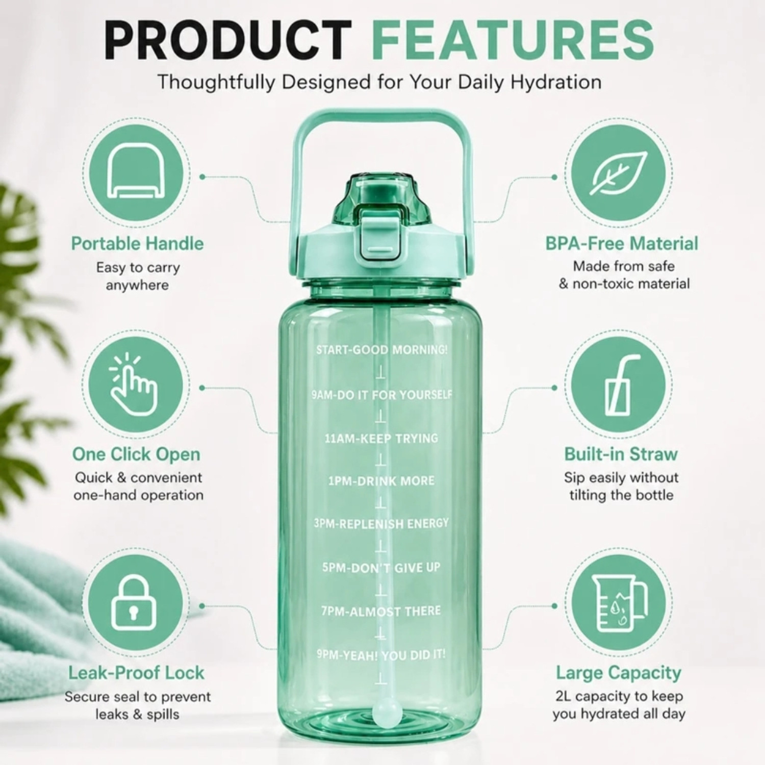 Image of Batliwala Water Bottle of 2000ml, BPA free and Leakproof Sipper 2000 ml Plastic Sipper (Pack of 1, Green)