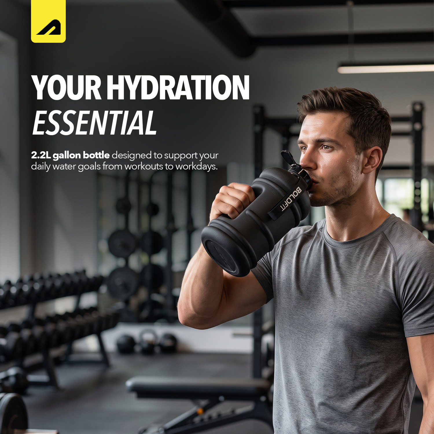 Image of BOLDFIT Gym Gallon Water Jug Bottle (2.2 Litre, Extra Large Matt Gallon Black) 2200 ml Plastic Bottle (Pack of 1, Black)