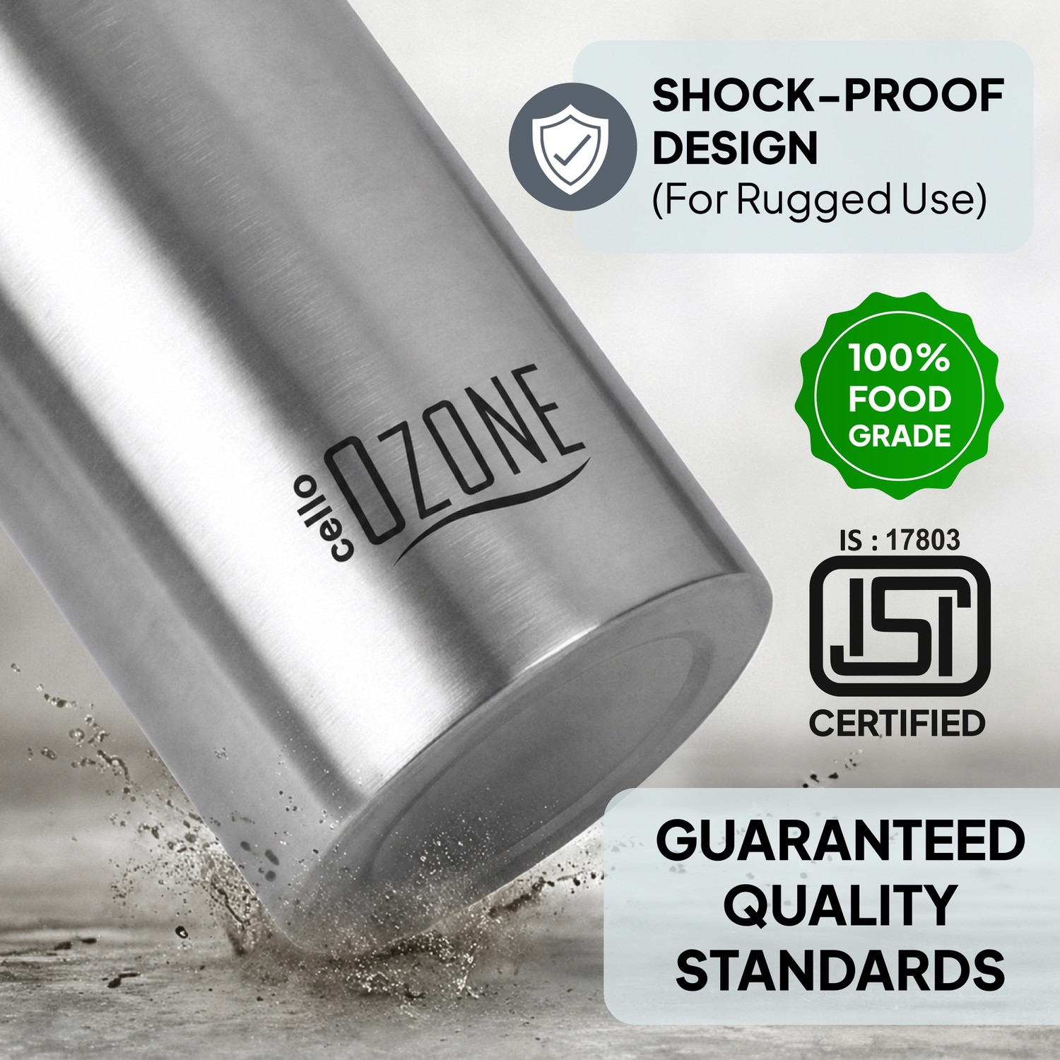 Image of cello H2O Ozone Set of 1 Single Wall Fridge Safe 1000 ml Stainless Steel Bottle