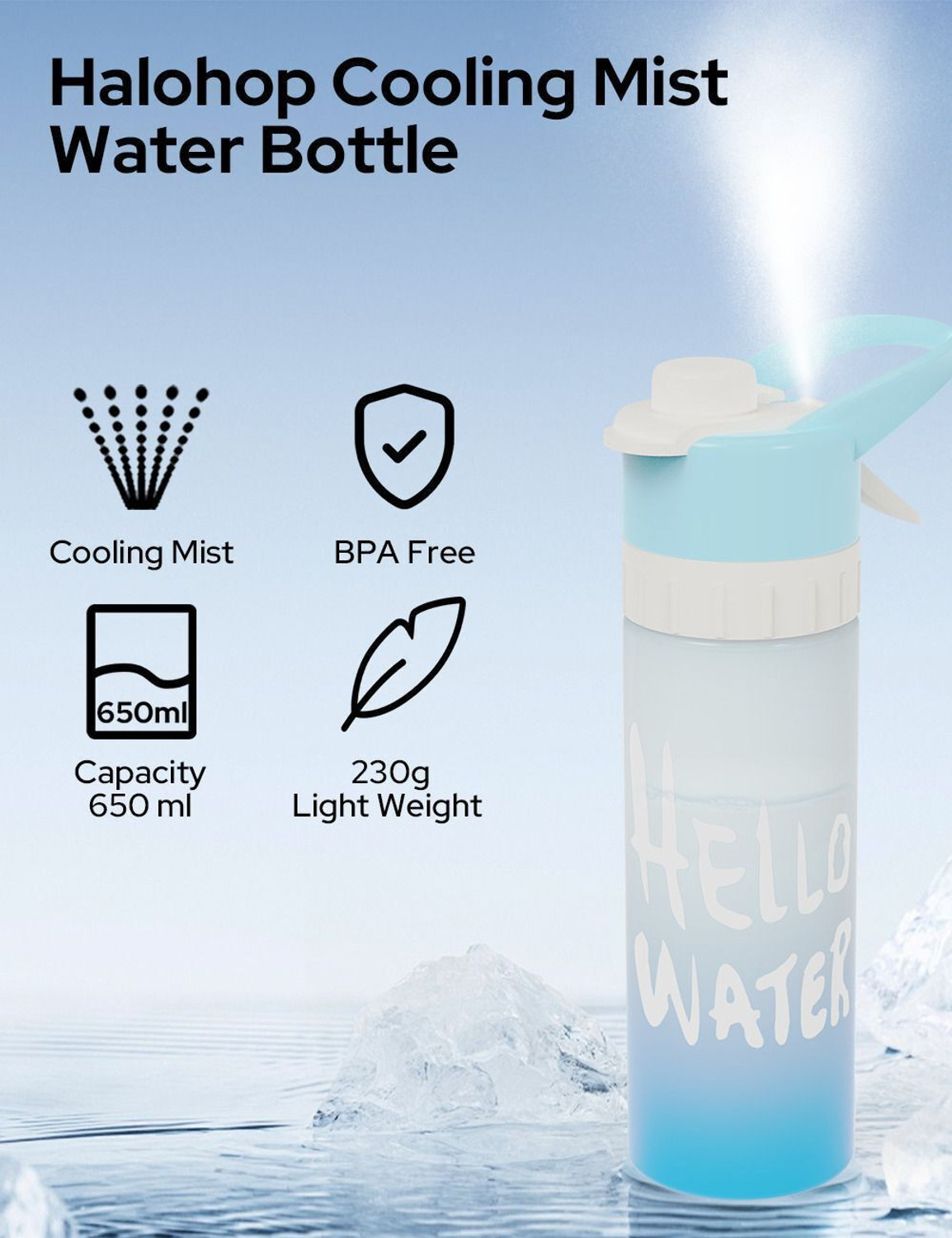 Image of Halohop Sports Unbreakable Mist Spray Water Bottle - Leak Proof-Free Cool Summer 650 ml Plastic Spray Bottle