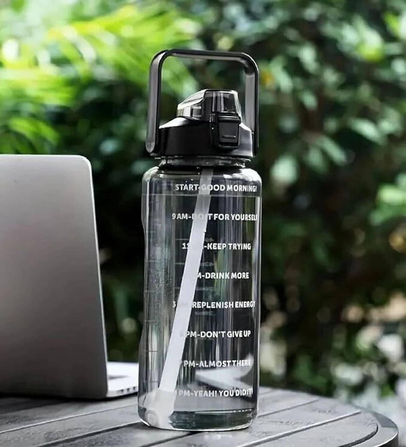 Aurav Black Transparent Time Marker Water Bottle 2L with Straw & Handle 2000 ml Plastic Bottle