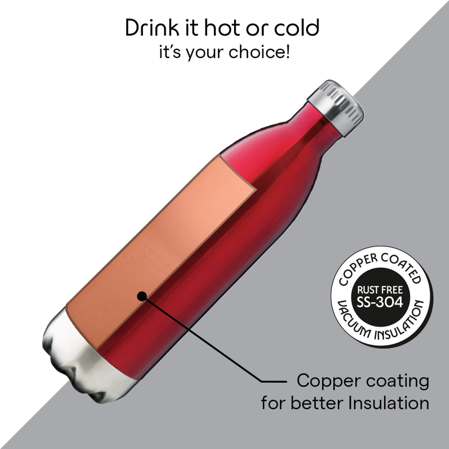 Image of BOROSIL 1000ml Bolt Trans Red Vacuum Insulated Water Bottle, 24 Hours Hot & Cold Flask 1000 ml Steel Bottle
