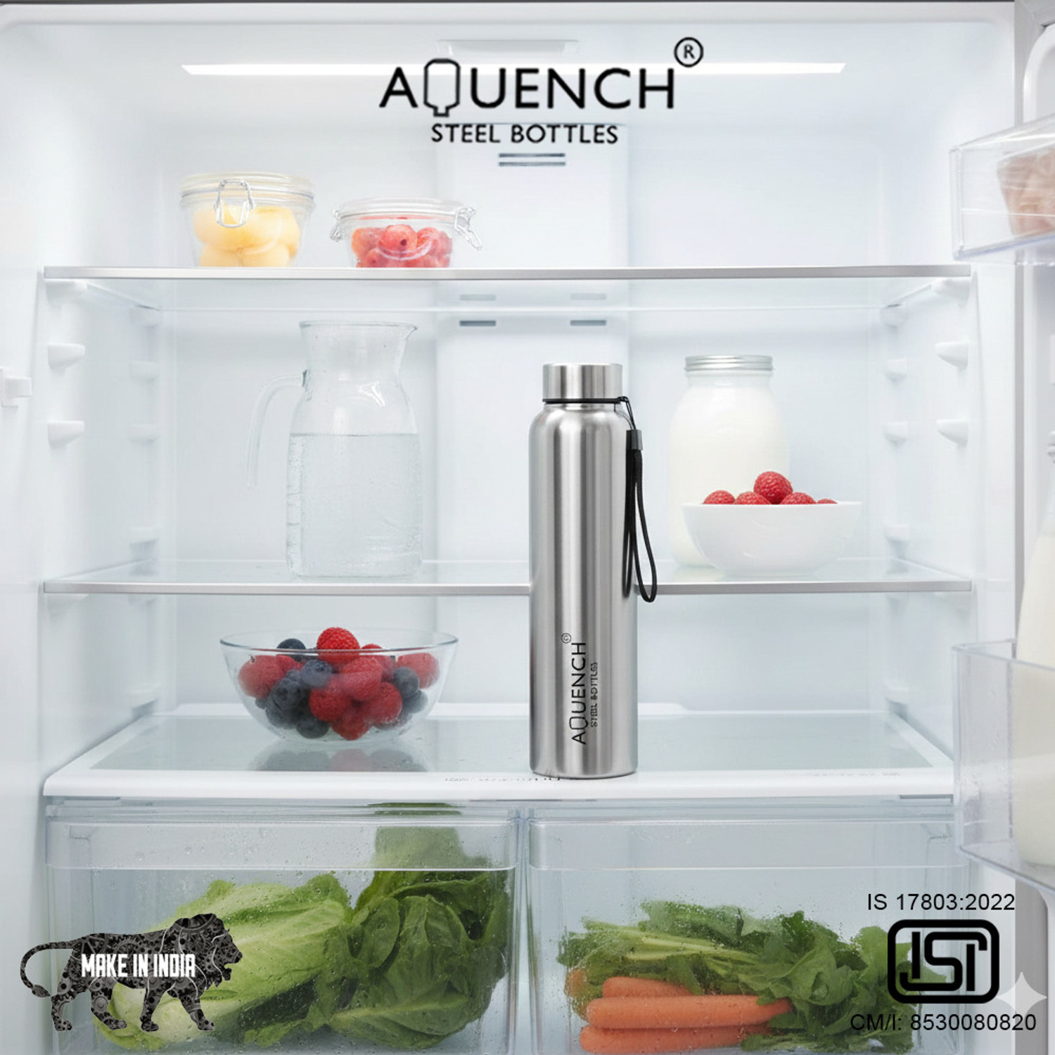 Image of AQUENCH Lean Stainless Steel 1L Water Bottle for Fridge, Office, Gym & Home Use 1000 ml Stainless Steel Bottle