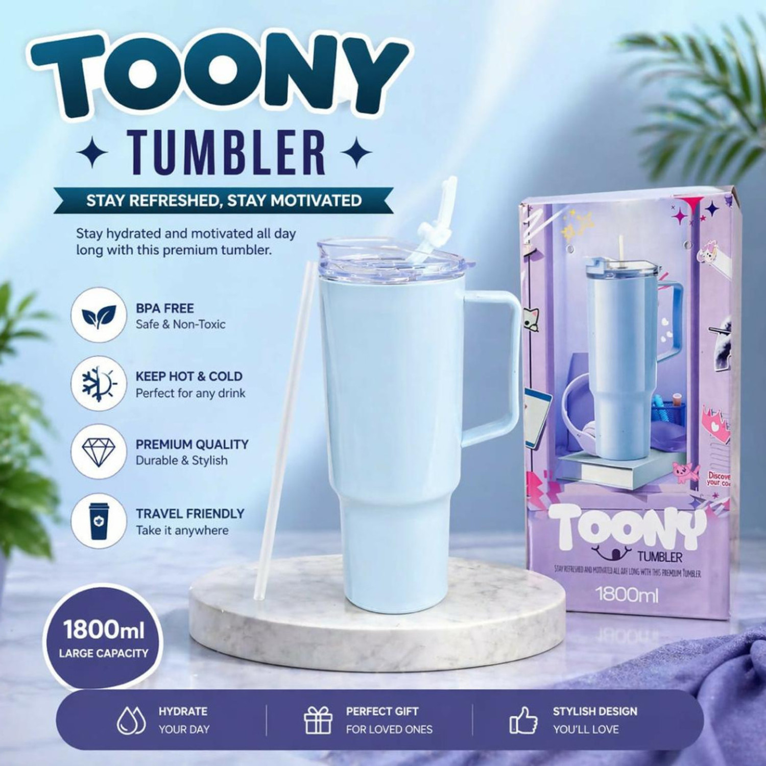 Image of My Beauty Tumbler 1800ml - Insulated Travel Mug With Handle & Straw (multicolour) 1800 ml Plastic Sipper