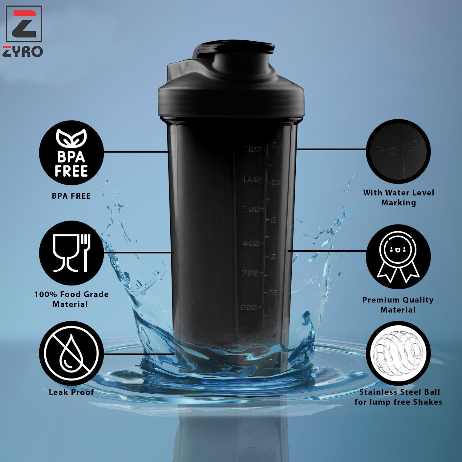 Image of ZYRO Protein Funnel & Work Hard Gym Shaker Bottle with Stainless Steel Spring Ball 700 ml Plastic Shaker