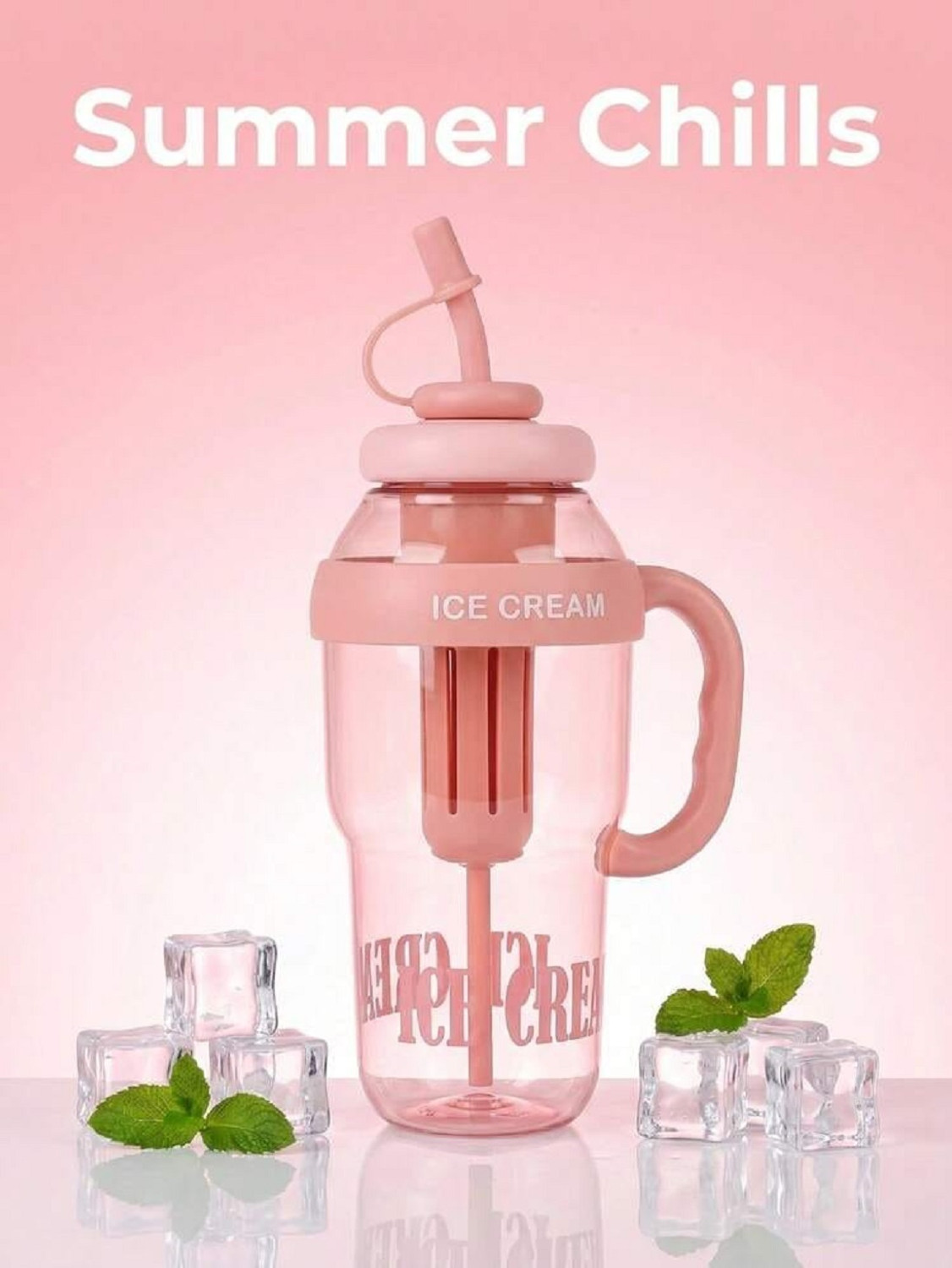 Image of Vmk Ice Cream Water Bottle with Stirrer & Straw, 1200 ml Plastic Bottle (Pack of 1, Pink)