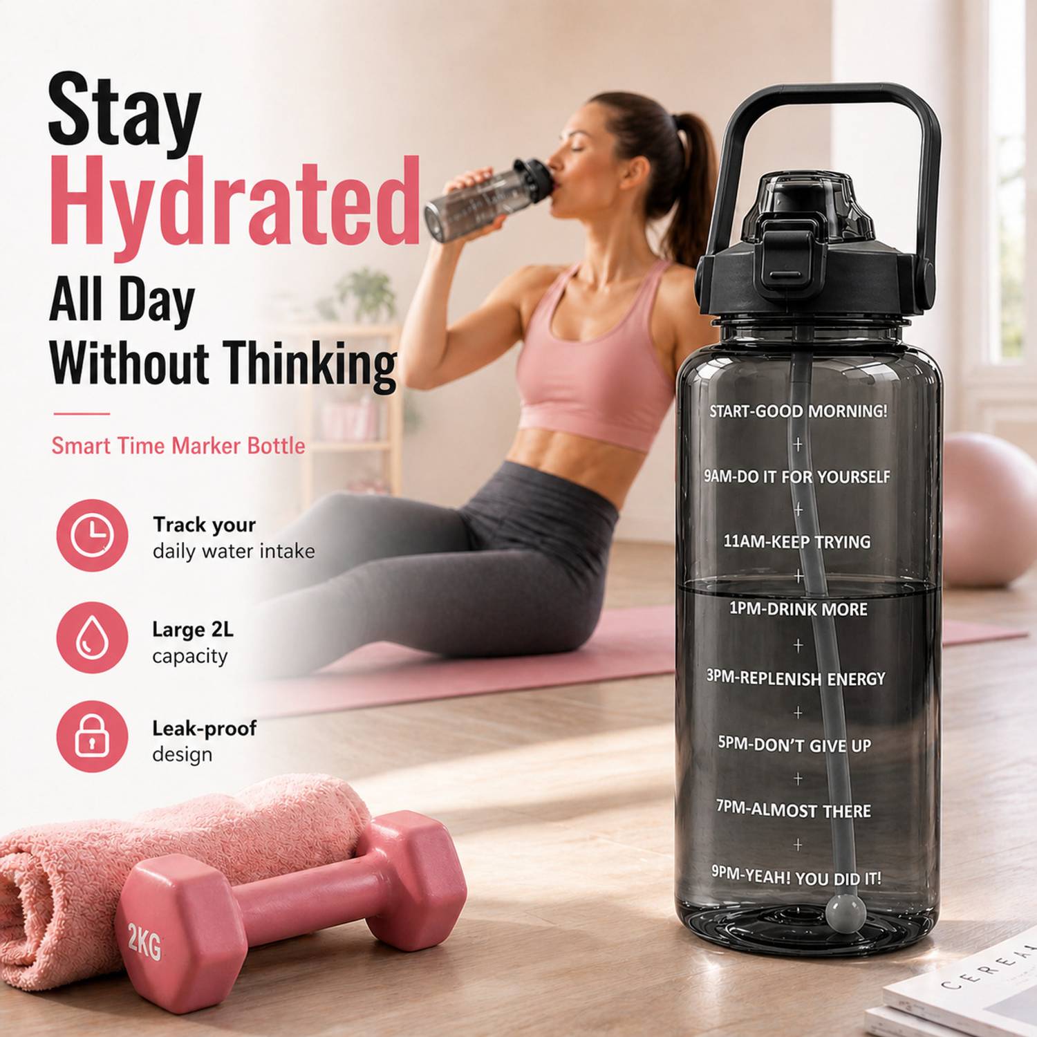 DFit 2L Transparent Motivational Leakproof Water Bottle - Image 2