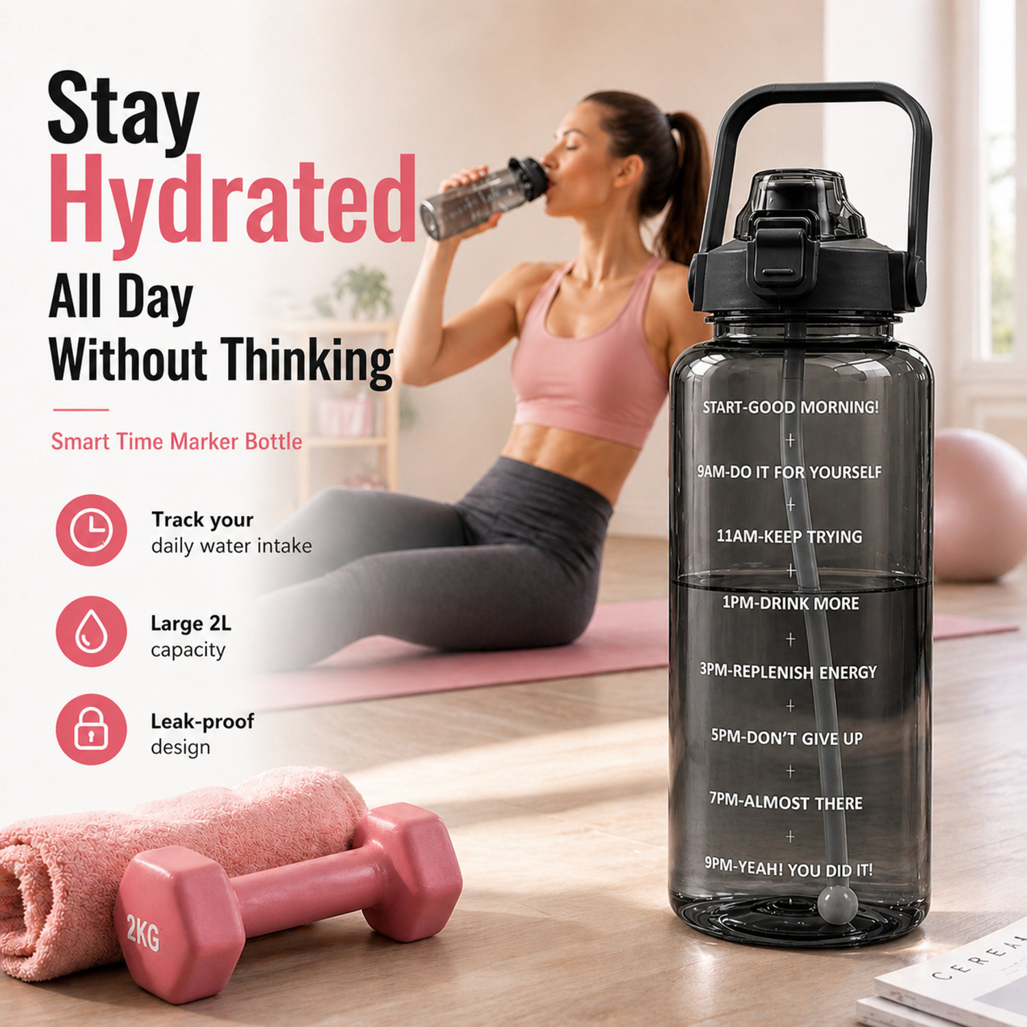 Image of HAVANISH 2 Liter Transparent Motivational leakproof BPA Free marker gym water b 2000 ml Plastic Bottle