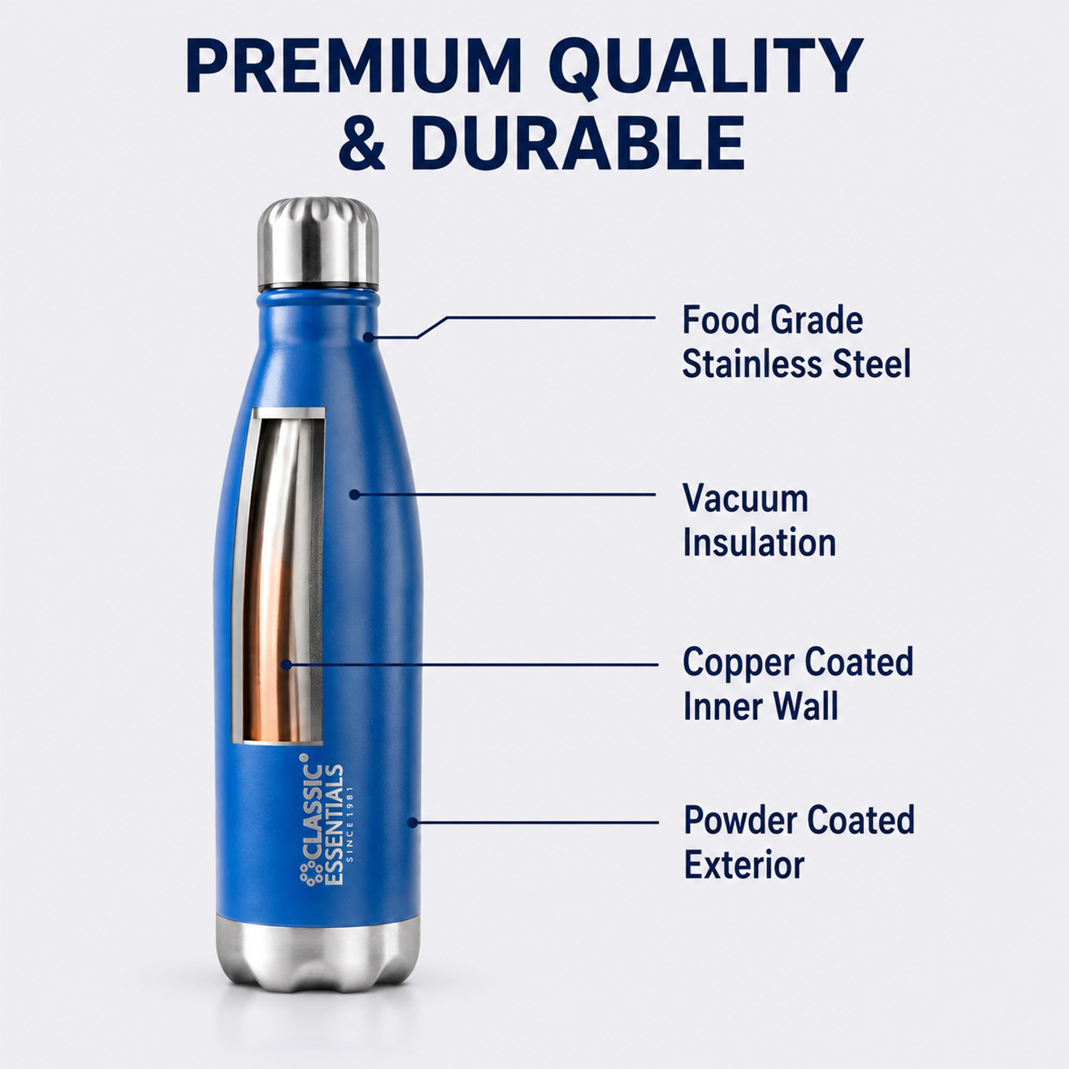 Image of Classic Essentials Insulated Double Wall Vacuum Hot & Cold Stainless Steel Water Bottle 1000 ml Steel Flask