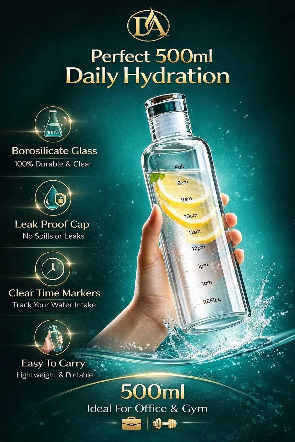 DreamAura Borosilicate Glass Water Bottle 500ml - Image 4