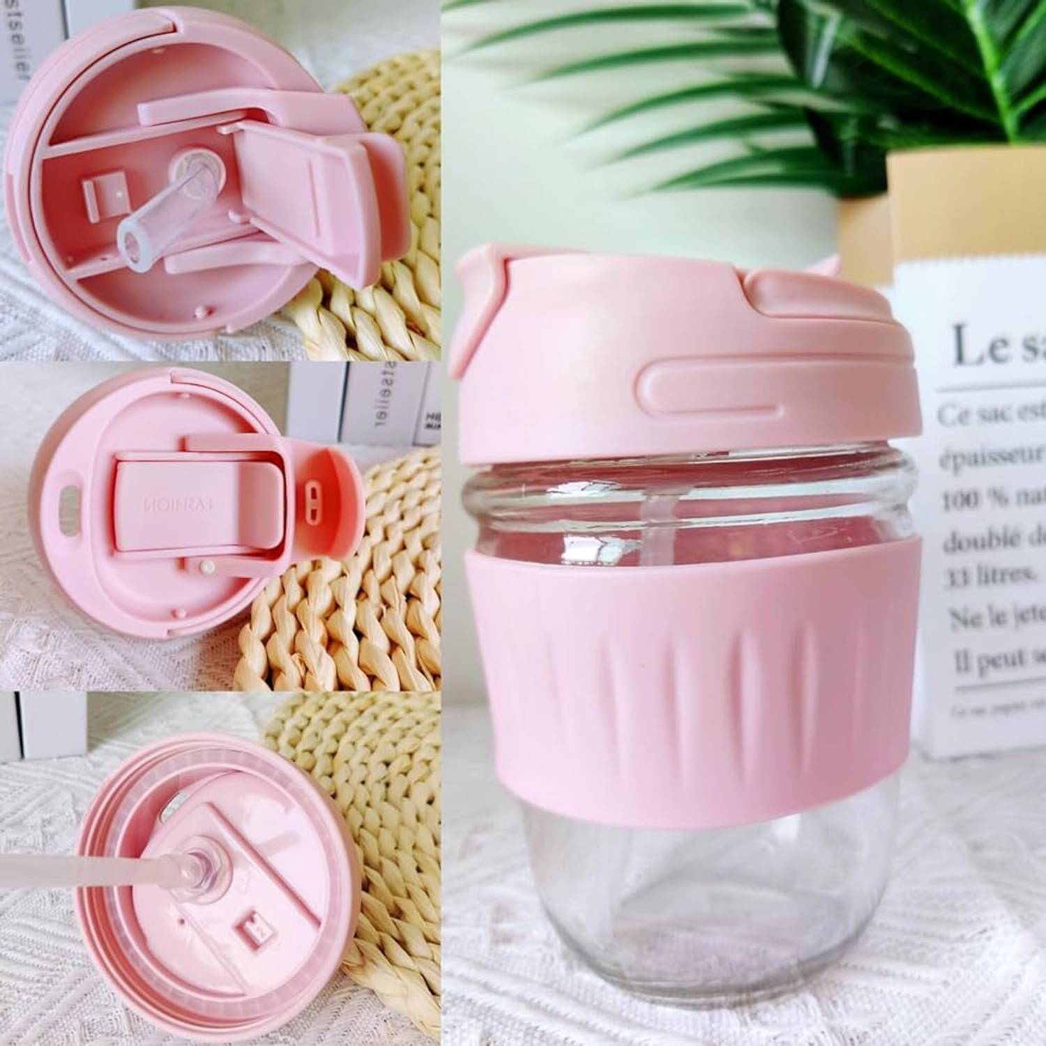 Adhunyk Reusable Glass Coffee & Juice Mug Shaker with Lid & Straw mug 350 ml Glass Sipper