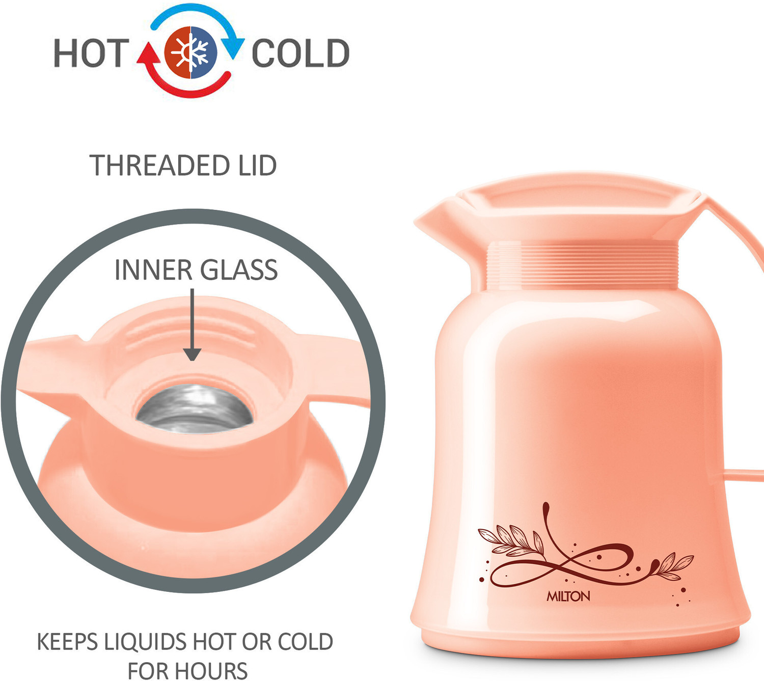 Image of MILTON Crystal 500 Vacuum Insulated Inner Glass Hot or Cold Flask, Peach 500 ml Plastic Flask