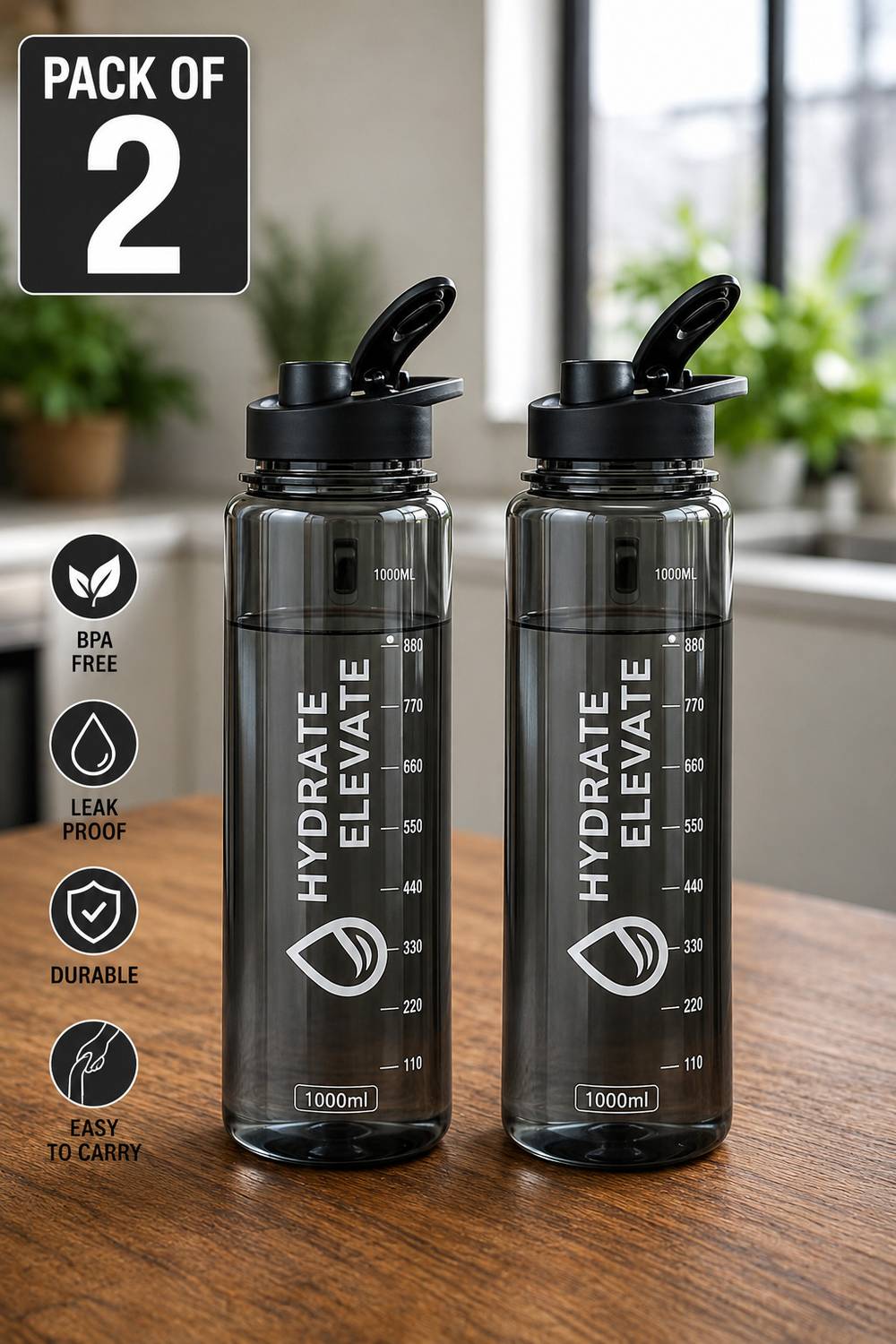 DecorDine 1L Motivational Water Bottle Pack of 2 - Image 1
