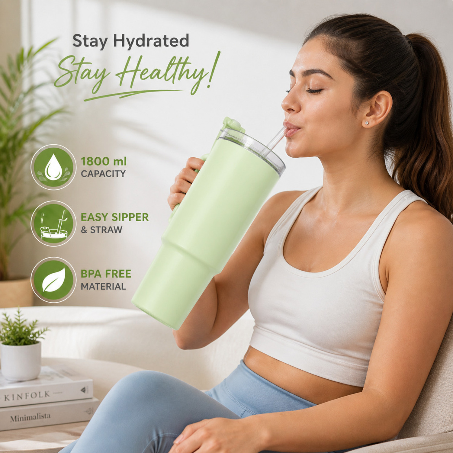 Image of AnvoraX Tumbler Bottle with Handle & Straw | Leakproof | Large Capacity 1800 ml Plastic Sipper