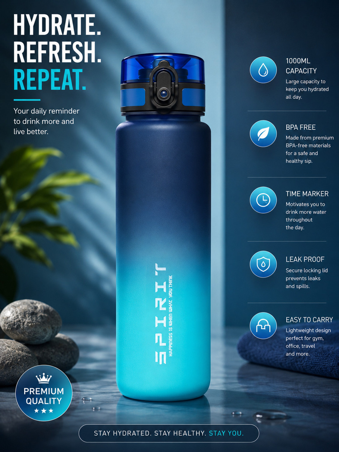 Image of ApnaCart Premium Gradient Matte finish Gym Water Bottle 1000 ml Plastic Sipper