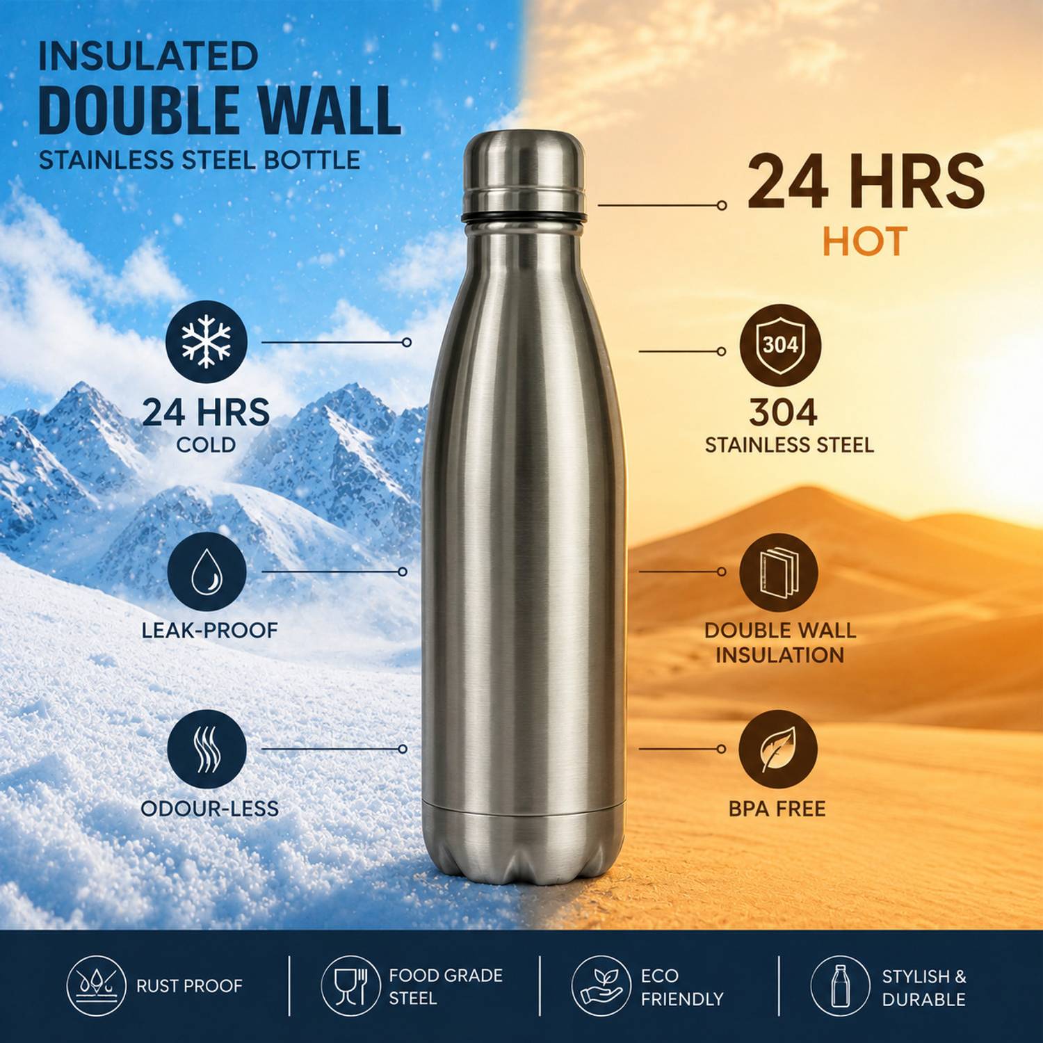 homecyra 24Hr Insulated Water Bottle 500ml - Image 2