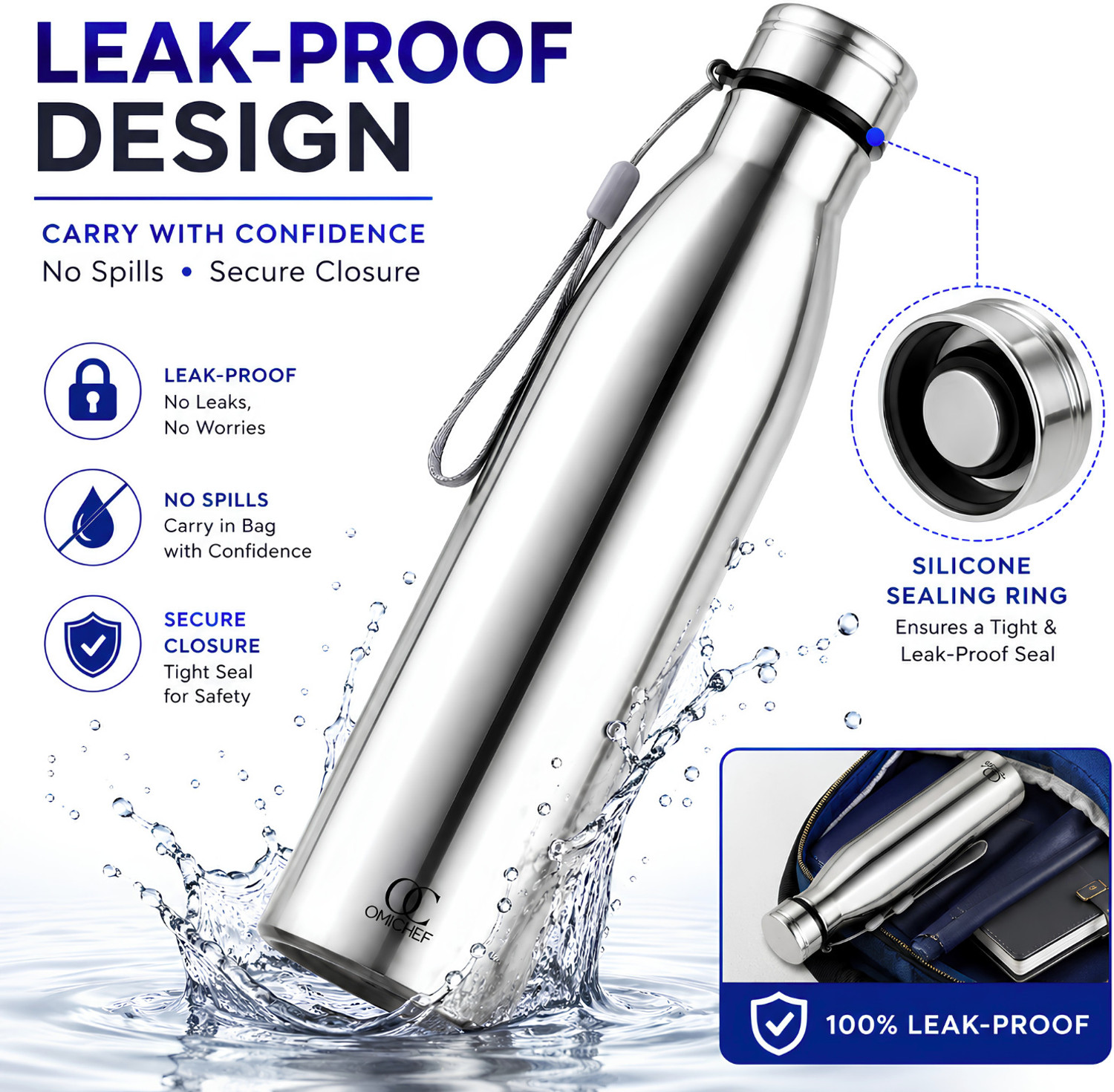 Image of Omichef Leak Proof 1 L Stainless Steel Water Bottle BPA Free Single Wall 1000 ml Steel Bottle