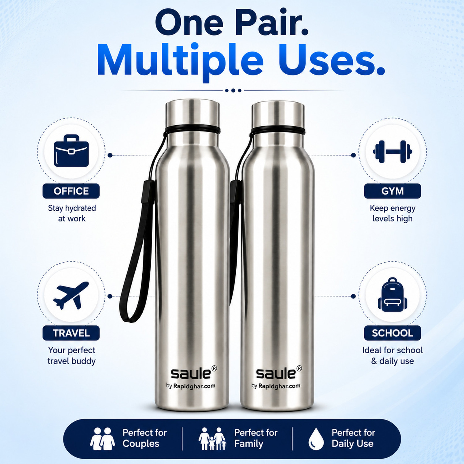 Image of Saule Steel Bottle Pack of 2 1000 ml Stainless Steel Bottle