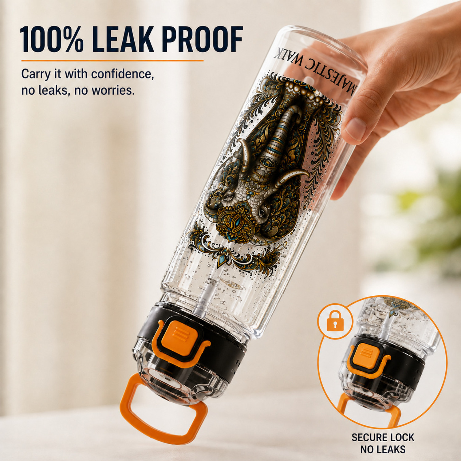 Image of DXDT Elephant Black Water Bottle with Flip Lock Lid for Gym, Travel, Outdoor Use 1000 ml Plastic Bottle