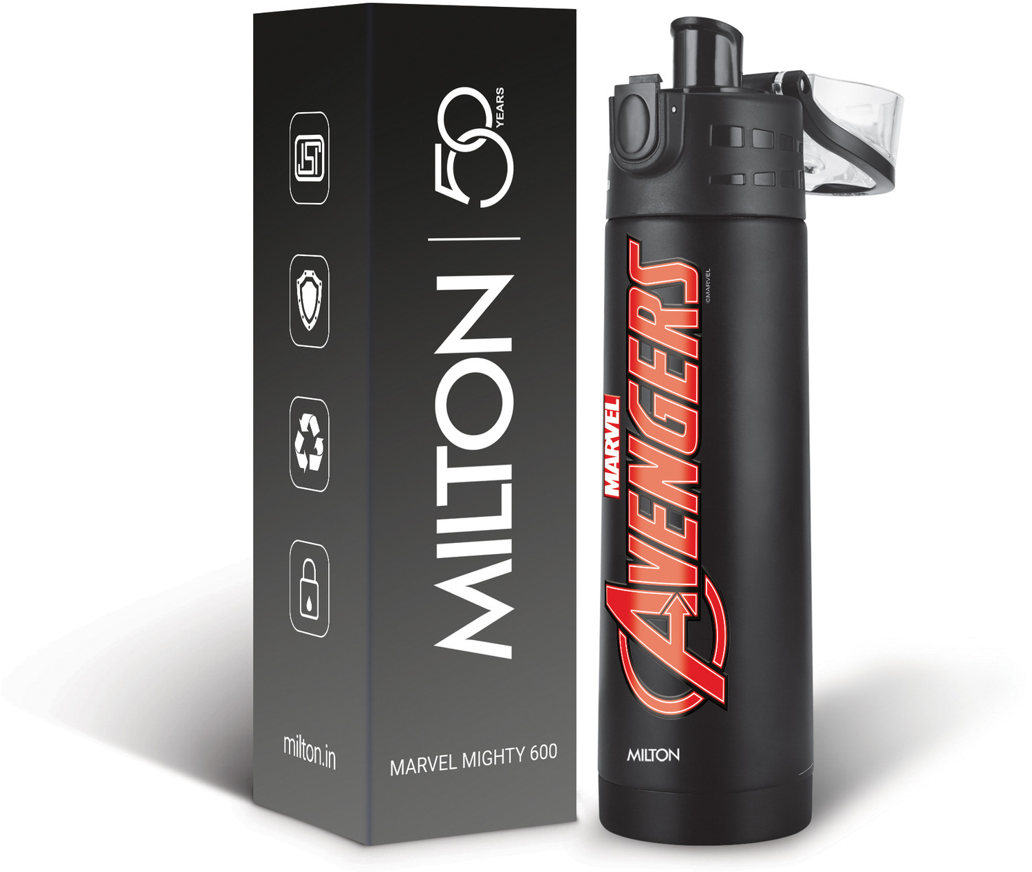 Image of MILTON Marvel Mighty 600 Thermosteel Water Bottle 500 ml Stainless Steel BLACK AVENGERS 500 ml Stainless Steel Bottle